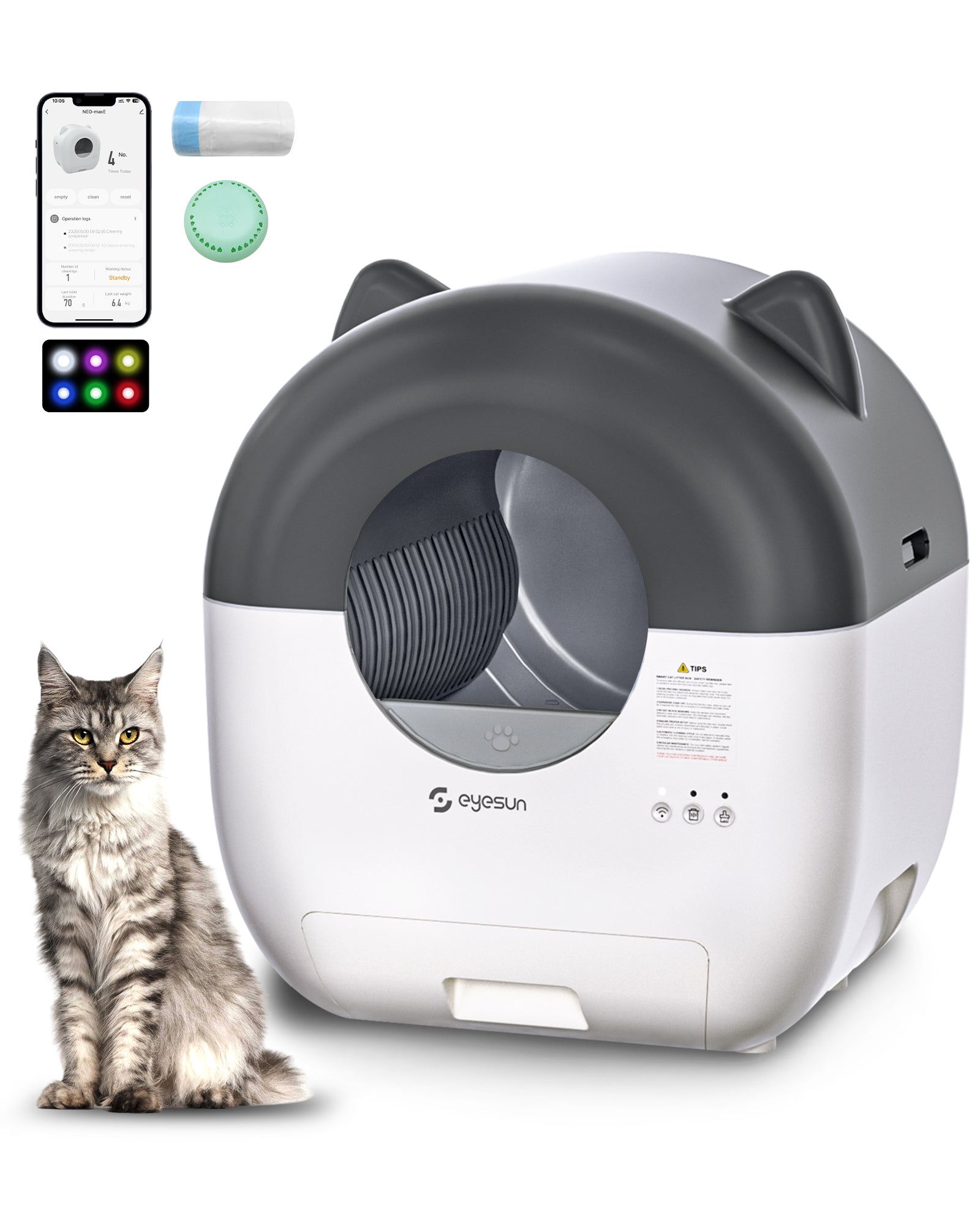 Self Cleaning Litter Box,76L Automatic Cat Litter Box Self Cleaning with APP Control,Low Noise,Safety Protection,Roll Garbage Bags,Deodorizer and Cleaning Brush for Multiple Cats