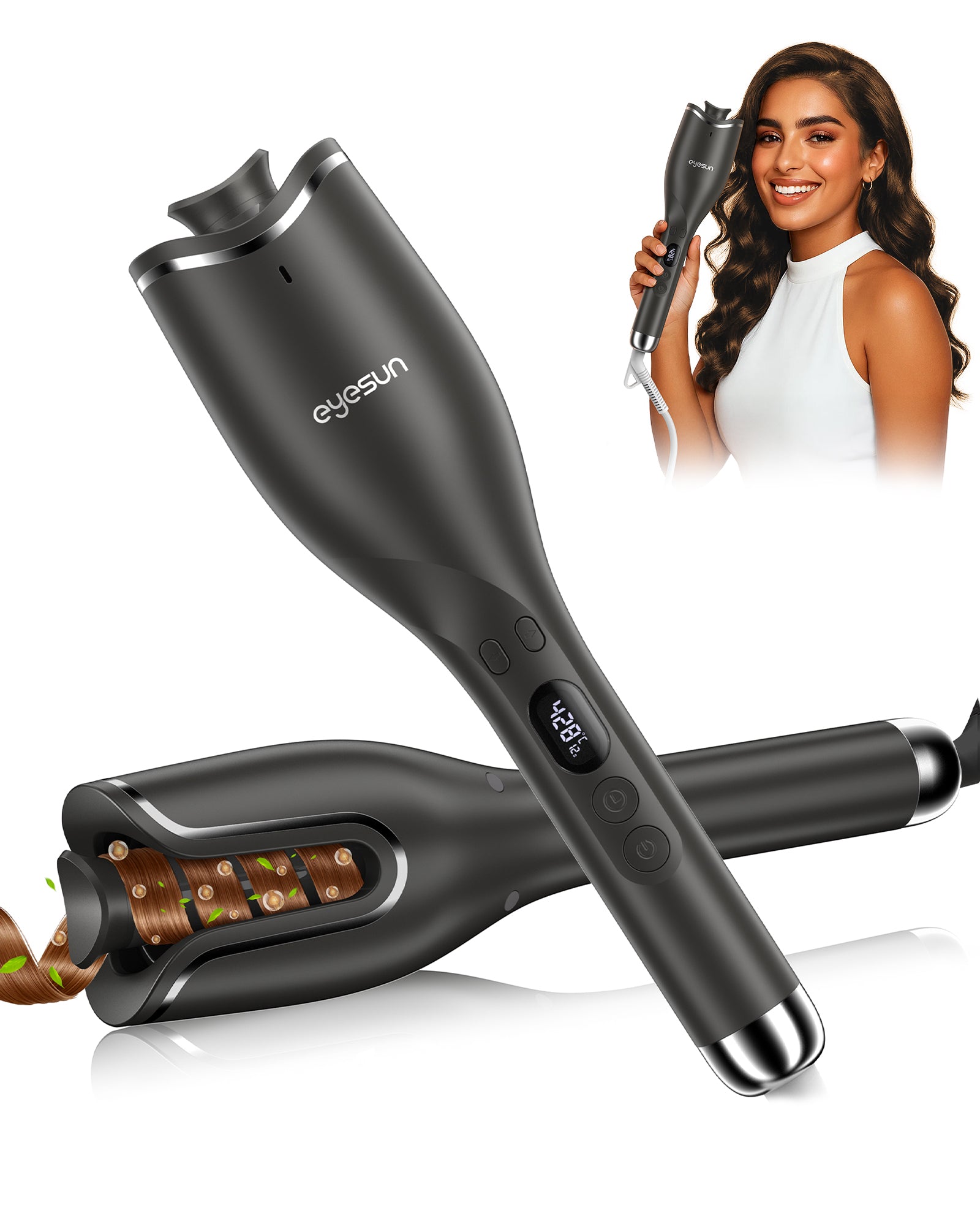 Hair Curling Irons,Automatic Portable Rotating Curling Iron with LCD Display,4Temperature Settings,Timers(12-19s),Auto Shut-Off,Anti-Scald,Anti-Tangle,Lightweight,Fast Heating&Easy Use for Travel