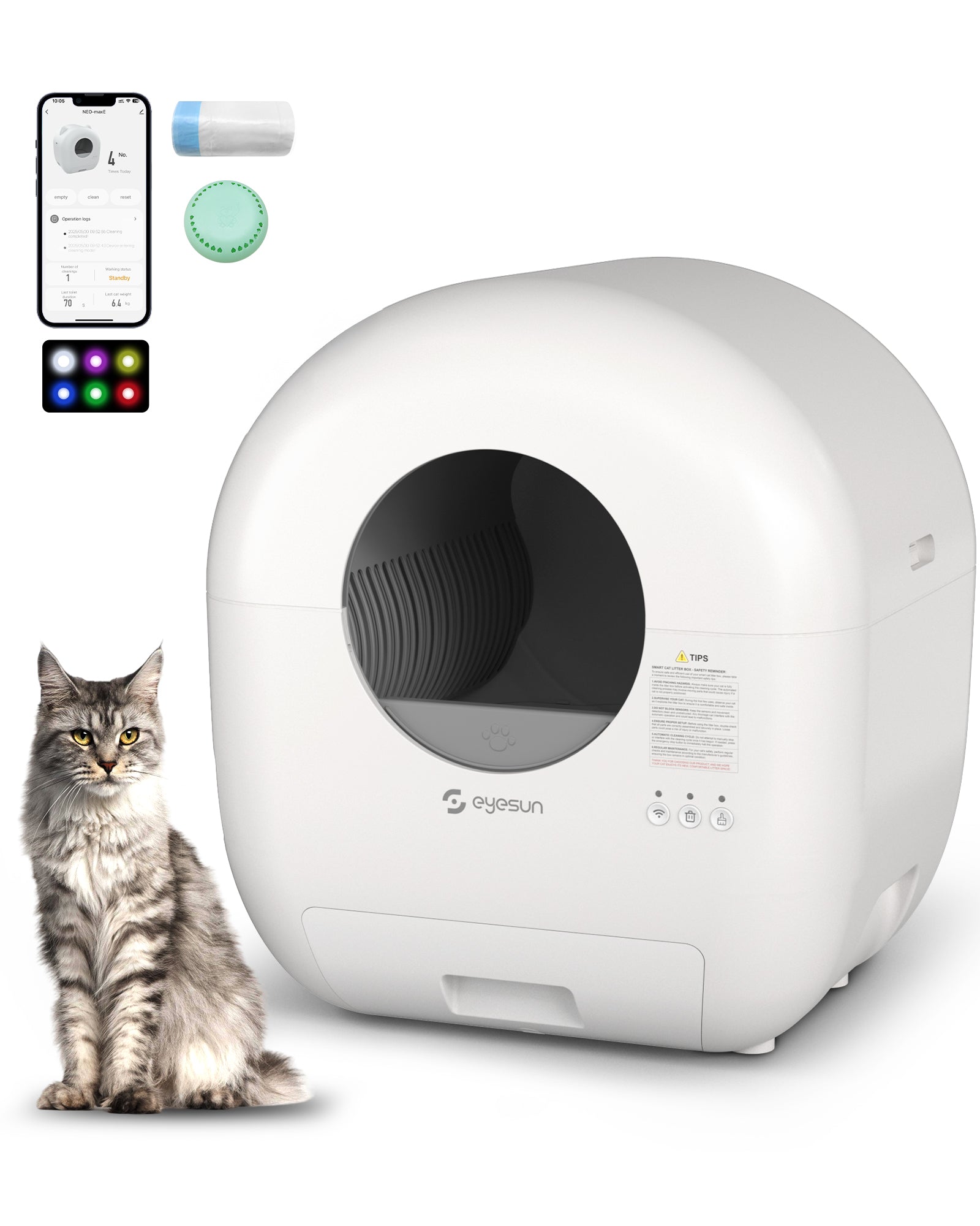 Self Cleaning Litter Box,76L Automatic Cat Litter Box Self Cleaning with APP Control,Low Noise,Safety Protection,Roll Garbage Bags,Deodorizer and Cleaning Brush for Multiple Cats