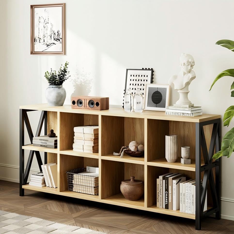 8 Cube Organizer Horizontal Bookshelf, Metal X-Bracket Reinforced Storage Bookcase, Farmhouse Display Shelf with Adjustable Feet, for Living Room Home Office Entryway (63",Maple)