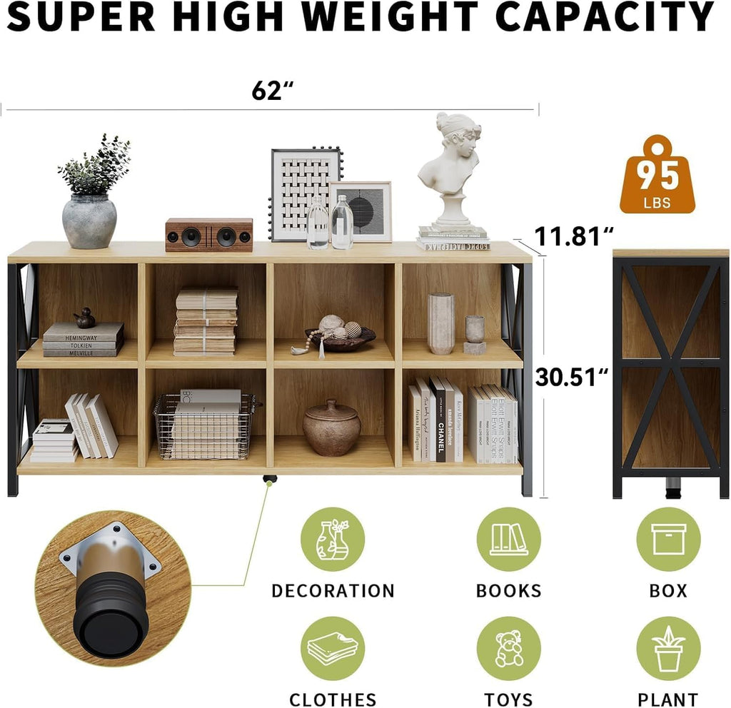 8 Cube Organizer Horizontal Bookshelf, Metal X-Bracket Reinforced Storage Bookcase, Farmhouse Display Shelf with Adjustable Feet, for Living Room Home Office Entryway (63",Maple)