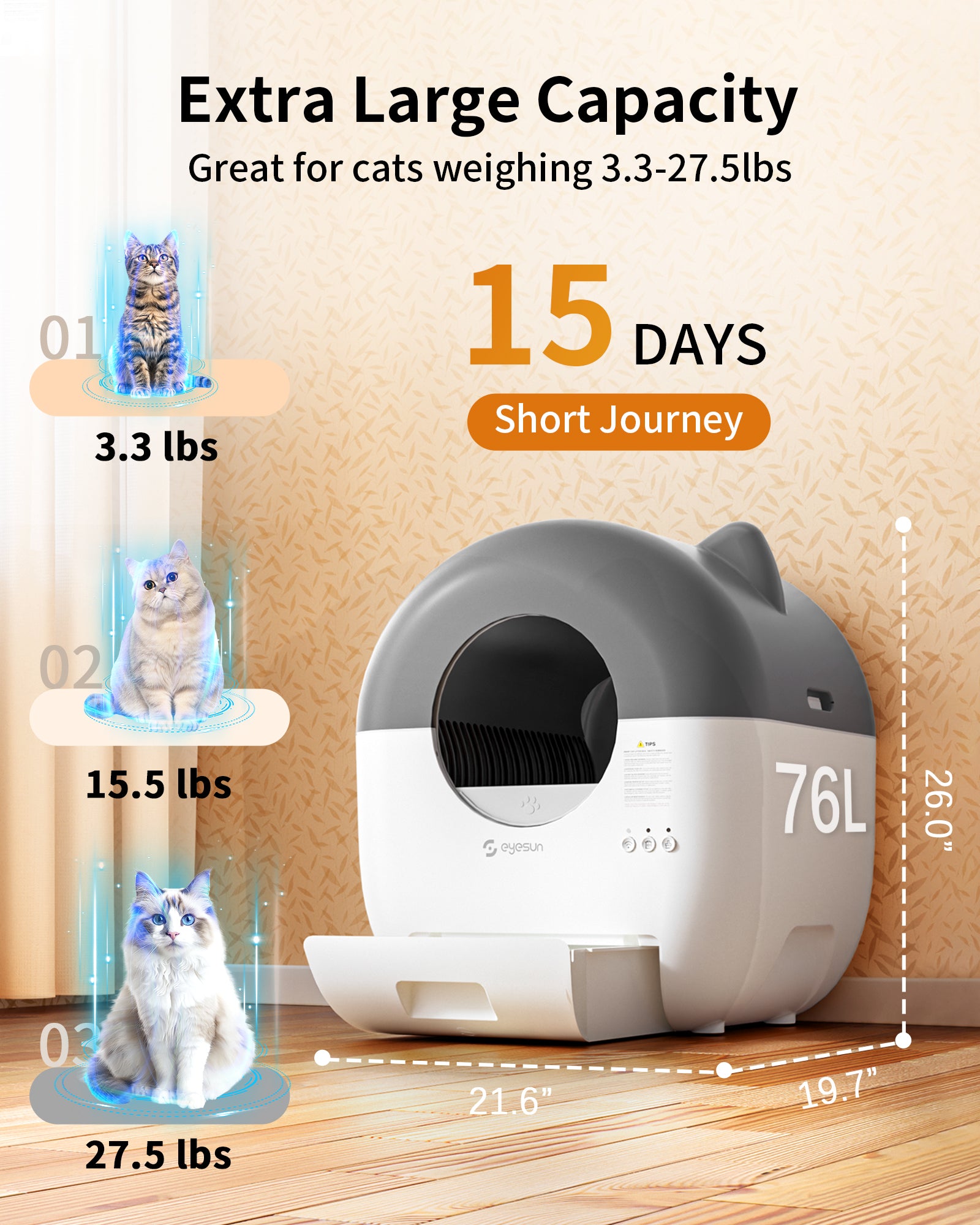 Self Cleaning Litter Box,76L Automatic Cat Litter Box Self Cleaning with APP Control,Low Noise,Safety Protection,Roll Garbage Bags,Deodorizer and Cleaning Brush for Multiple Cats