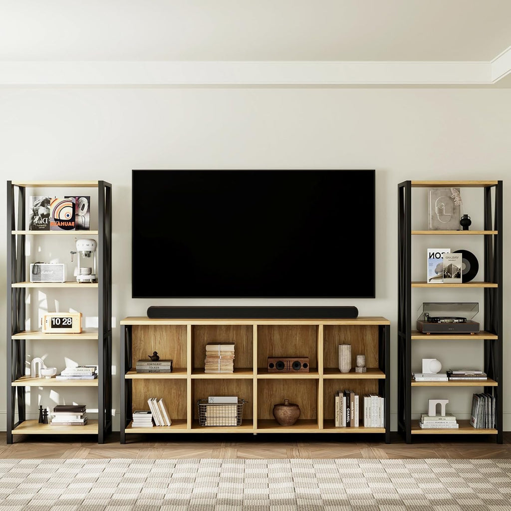 8 Cube Organizer Horizontal Bookshelf, Metal X-Bracket Reinforced Storage Bookcase, Farmhouse Display Shelf with Adjustable Feet, for Living Room Home Office Entryway (63",Maple)