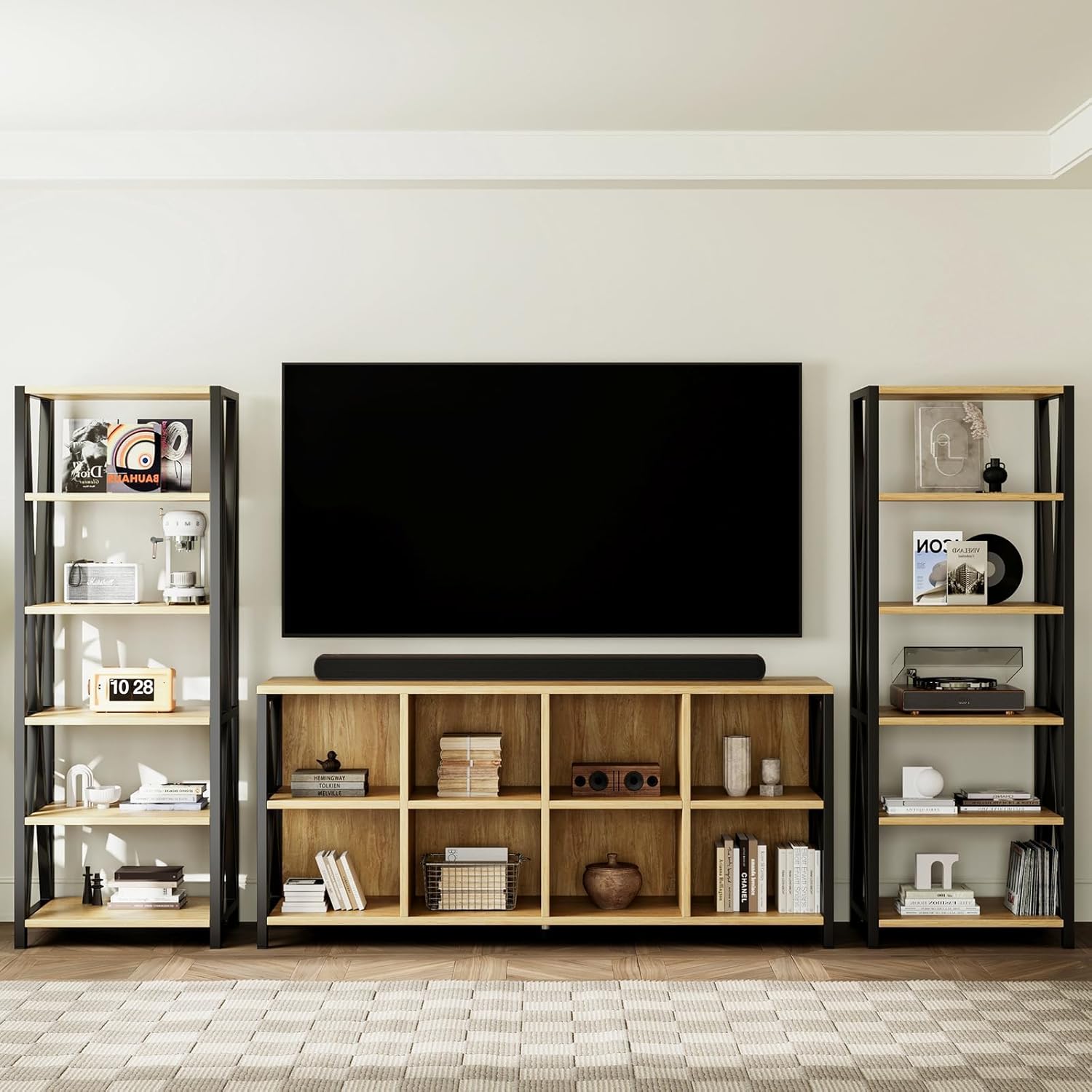 8 Cube Organizer Horizontal Bookshelf, Metal X-Bracket Reinforced Storage Bookcase, Farmhouse Display Shelf with Adjustable Feet, for Living Room Home Office Entryway (63",Maple)