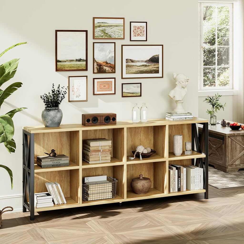 8 Cube Organizer Horizontal Bookshelf, Metal X-Bracket Reinforced Storage Bookcase, Farmhouse Display Shelf with Adjustable Feet, for Living Room Home Office Entryway (63",Maple)