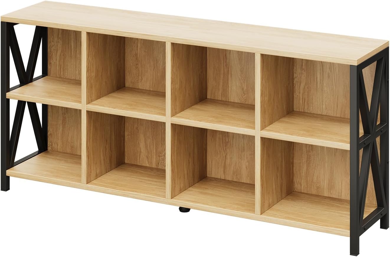 8 Cube Organizer Horizontal Bookshelf, Metal X-Bracket Reinforced Storage Bookcase, Farmhouse Display Shelf with Adjustable Feet, for Living Room Home Office Entryway (63",Maple)