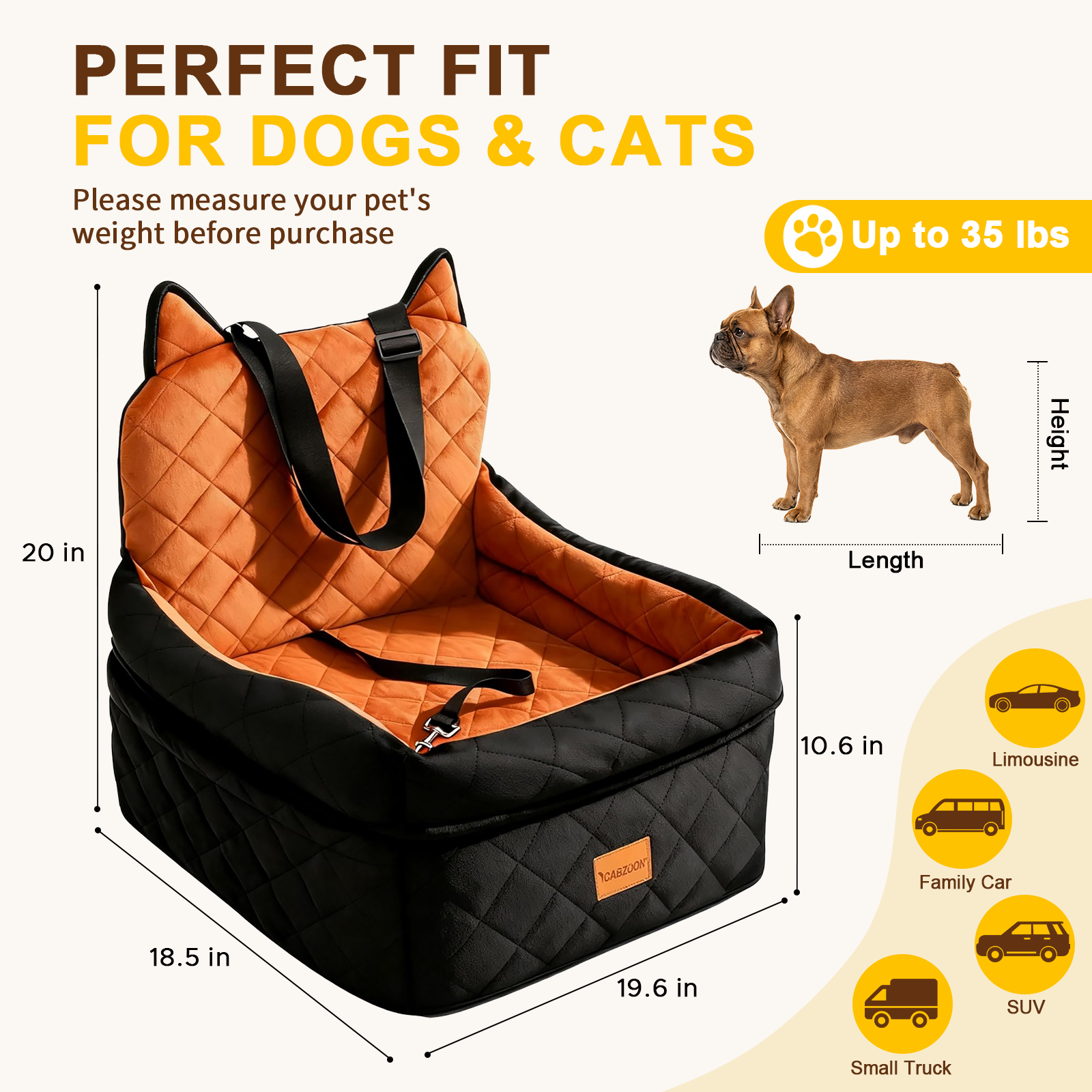 Dog Booster Car Seats for S/M Dogs Up to 35lbs,Pet Car Seat/Travel Bed with Washable&Removable Cover,Storage Pockets,Dog Safety Belt and Elevated Cushion Fits in Front/Back Seat