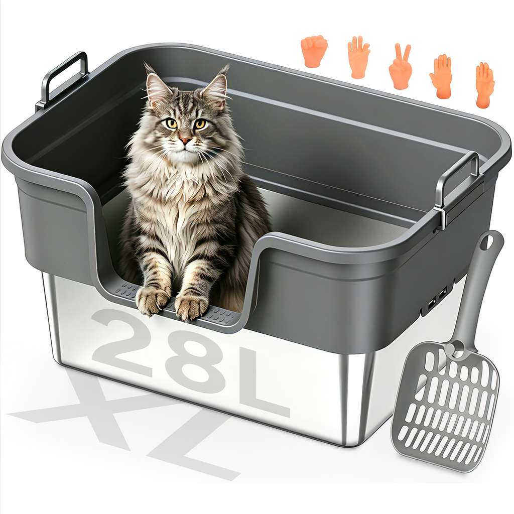 Cat Litter Box, Stainless Steel Cat Litter Box, Anti-Leak Sealed Bottom, XL Size for Large Cats, Includes Litter Mat & Scoop, No Scatter Design