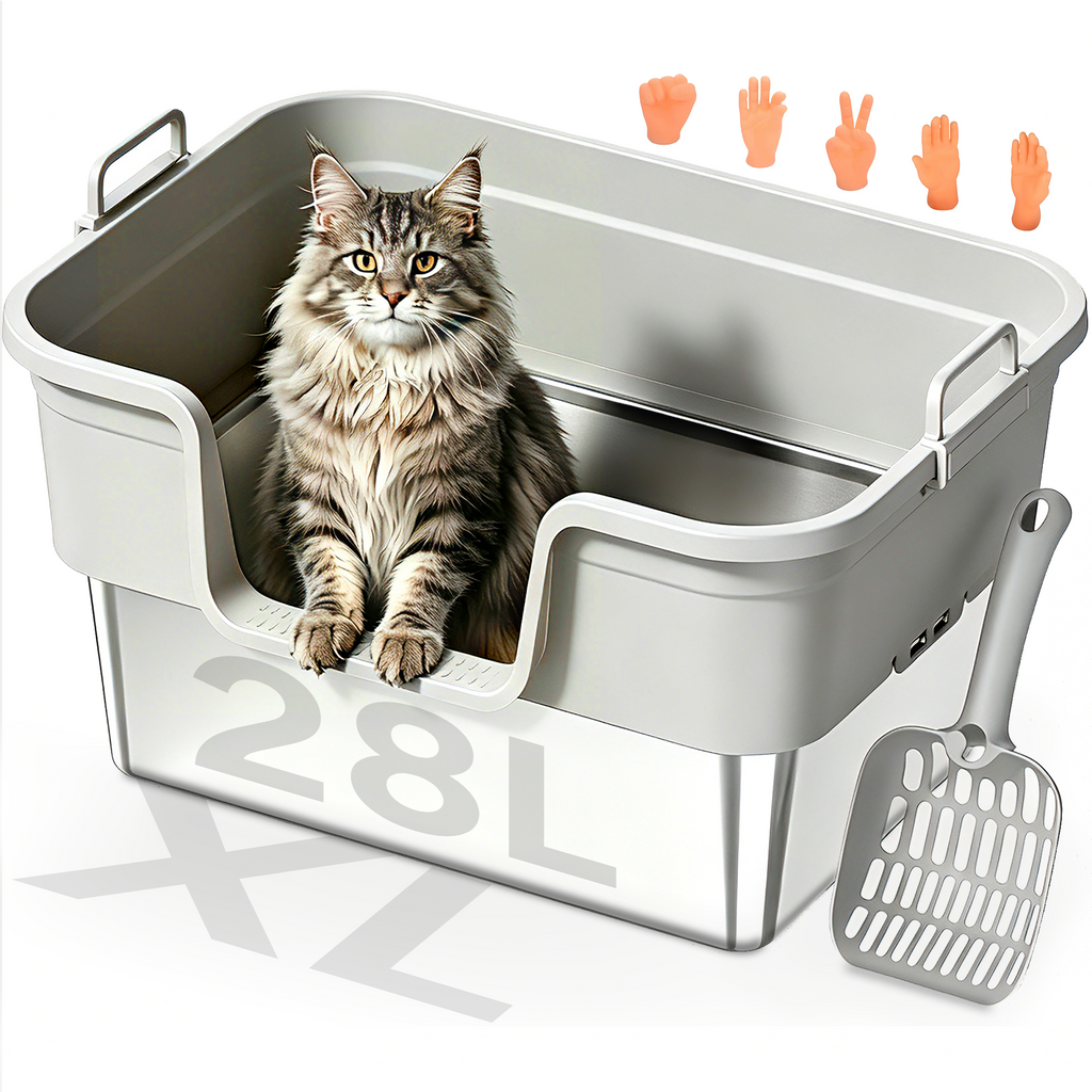 Stainless Steel Cat Litter Box, – Patented 30° Angled Filter Plate, Leak-Proof XL Litter Box, Includes Cat Litter Mat & Metal Scoop, Anti-Scatter Enclosed Design(Ashy)