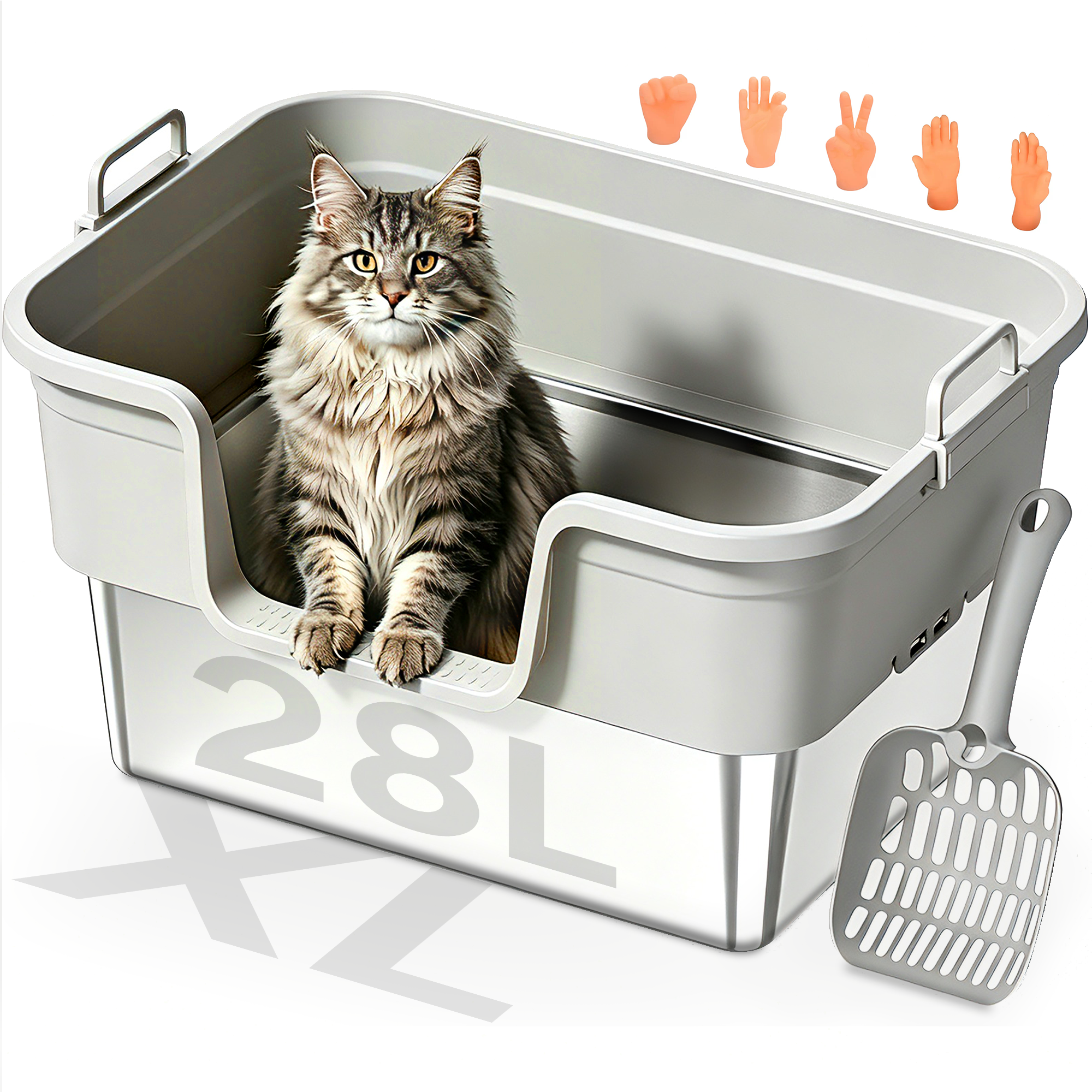 Stainless Steel Cat Litter Box, – Patented 30° Angled Filter Plate, Leak-Proof XL Litter Box, Includes Cat Litter Mat & Metal Scoop, Anti-Scatter Enclosed Design(Ashy)
