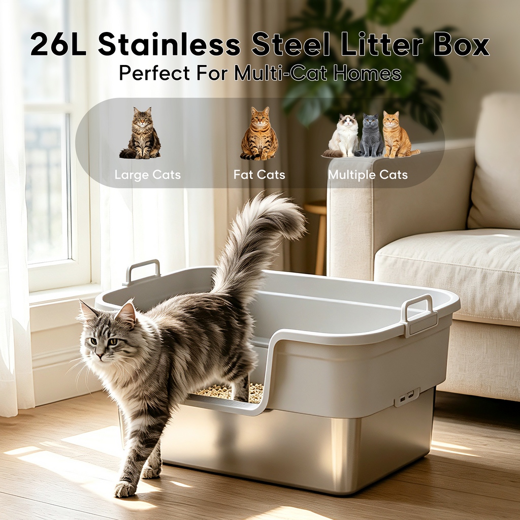 Stainless Steel Cat Litter Box, – Patented 30° Angled Filter Plate, Leak-Proof XL Litter Box, Includes Cat Litter Mat & Metal Scoop, Anti-Scatter Enclosed Design(Ashy)