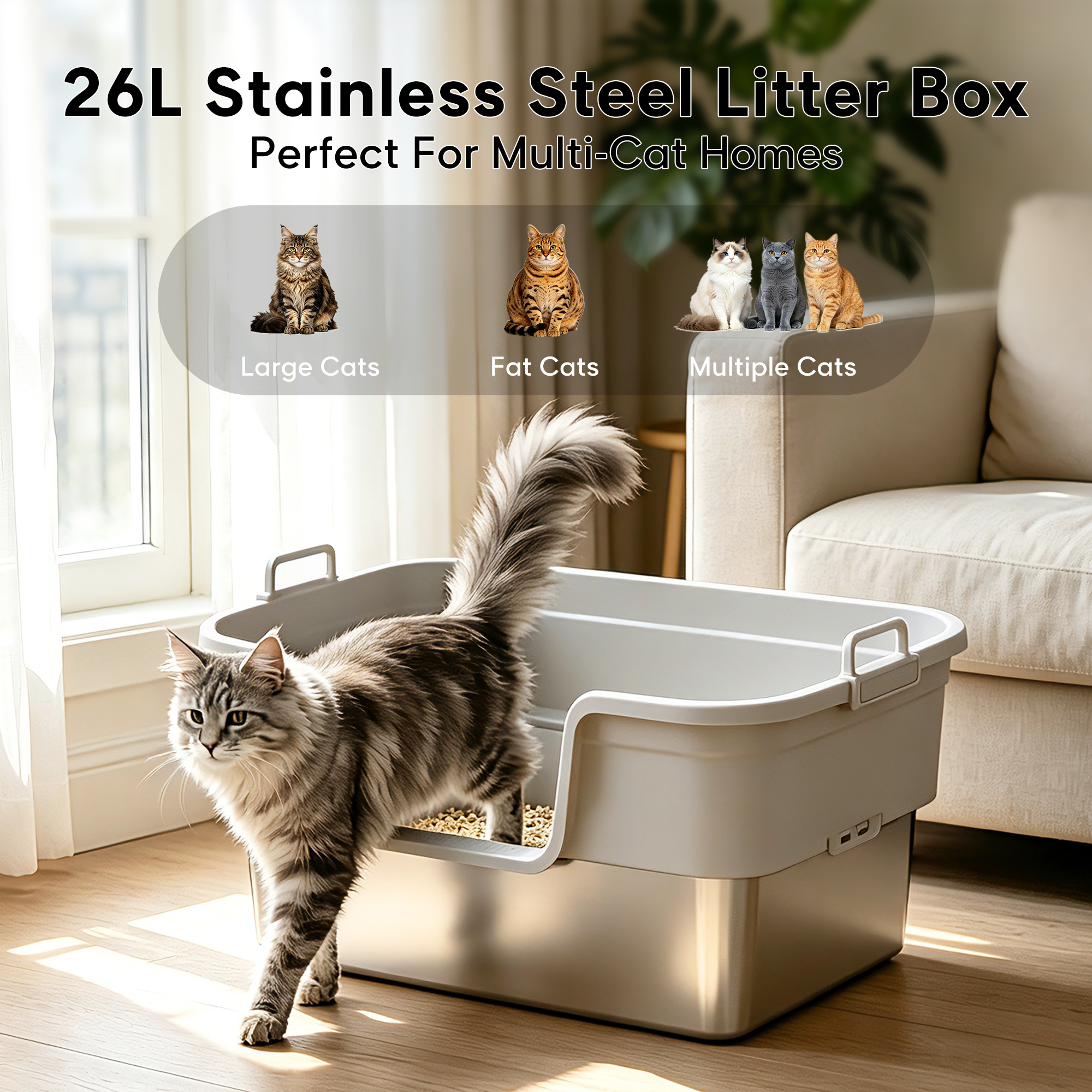 Stainless Steel Cat Litter Box, – Patented 30° Angled Filter Plate, Leak-Proof XL Litter Box, Includes Cat Litter Mat & Metal Scoop, Anti-Scatter Enclosed Design(Ashy)