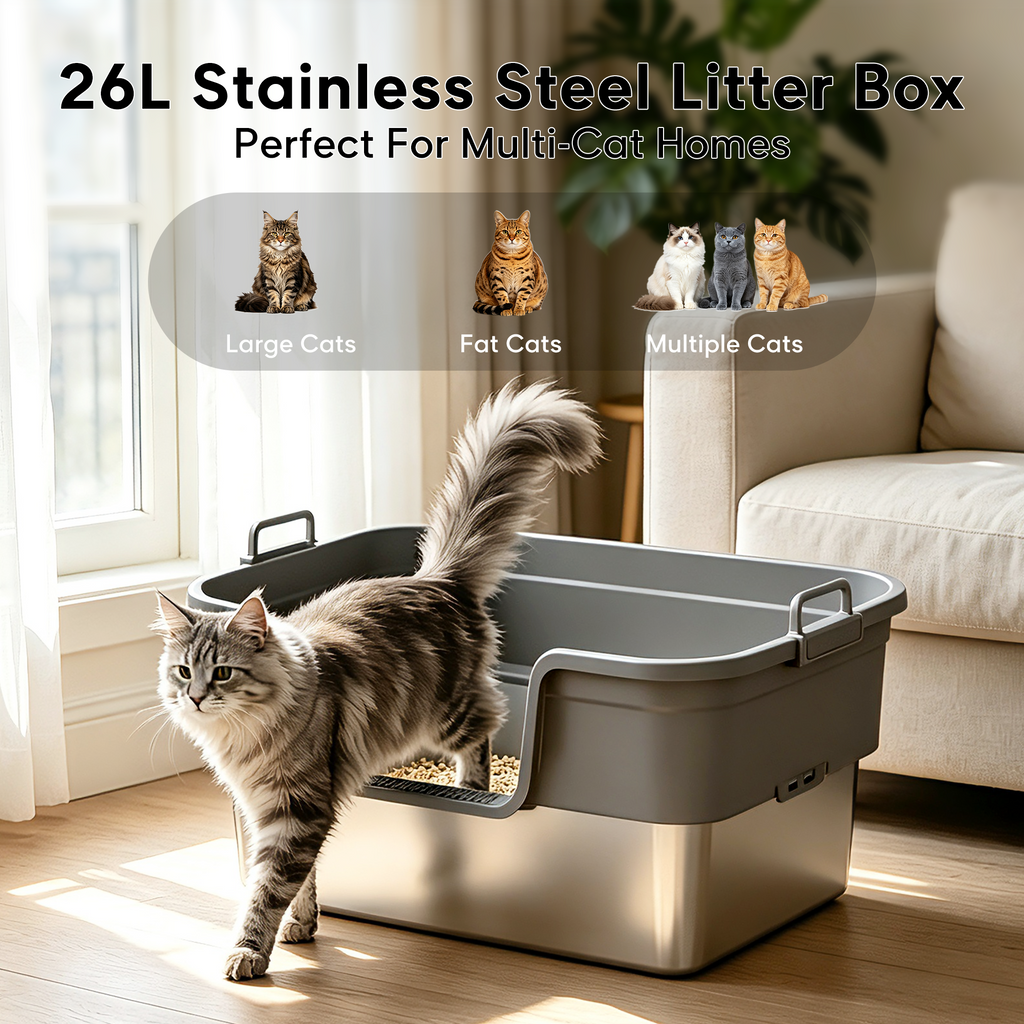 Cat Litter Box, Stainless Steel Cat Litter Box, Anti-Leak Sealed Bottom, XL Size for Large Cats, Includes Litter Mat & Scoop, No Scatter Design