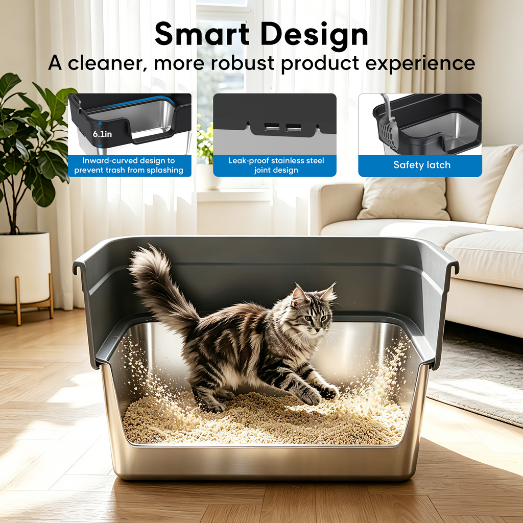 Cat Litter Box, Stainless Steel Cat Litter Box, Anti-Leak Sealed Bottom, XL Size for Large Cats, Includes Litter Mat & Scoop, No Scatter Design