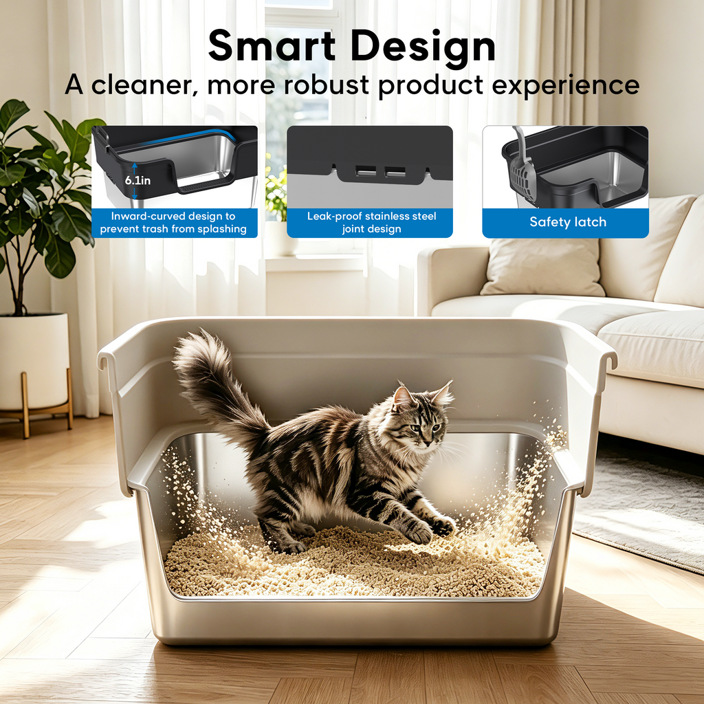 Stainless Steel Cat Litter Box, – Patented 30° Angled Filter Plate, Leak-Proof XL Litter Box, Includes Cat Litter Mat & Metal Scoop, Anti-Scatter Enclosed Design(Ashy)