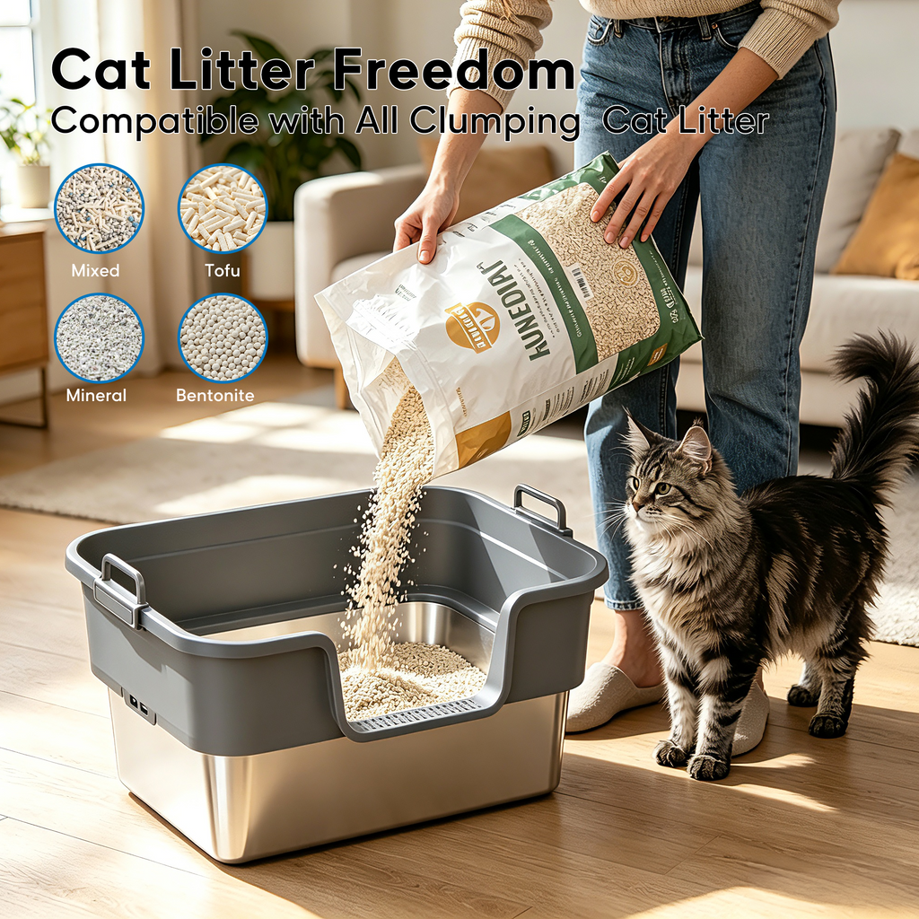 Cat Litter Box, Stainless Steel Cat Litter Box, Anti-Leak Sealed Bottom, XL Size for Large Cats, Includes Litter Mat & Scoop, No Scatter Design