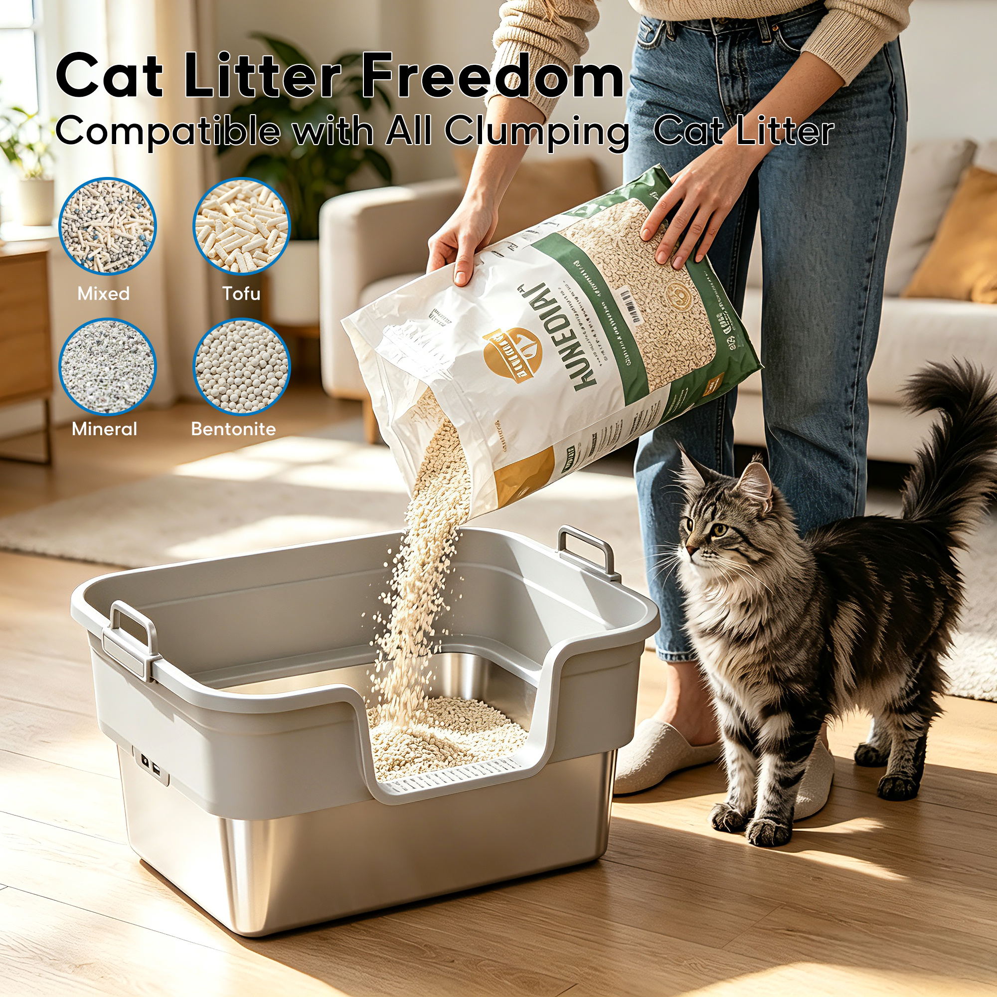 Stainless Steel Cat Litter Box, – Patented 30° Angled Filter Plate, Leak-Proof XL Litter Box, Includes Cat Litter Mat & Metal Scoop, Anti-Scatter Enclosed Design(Ashy)