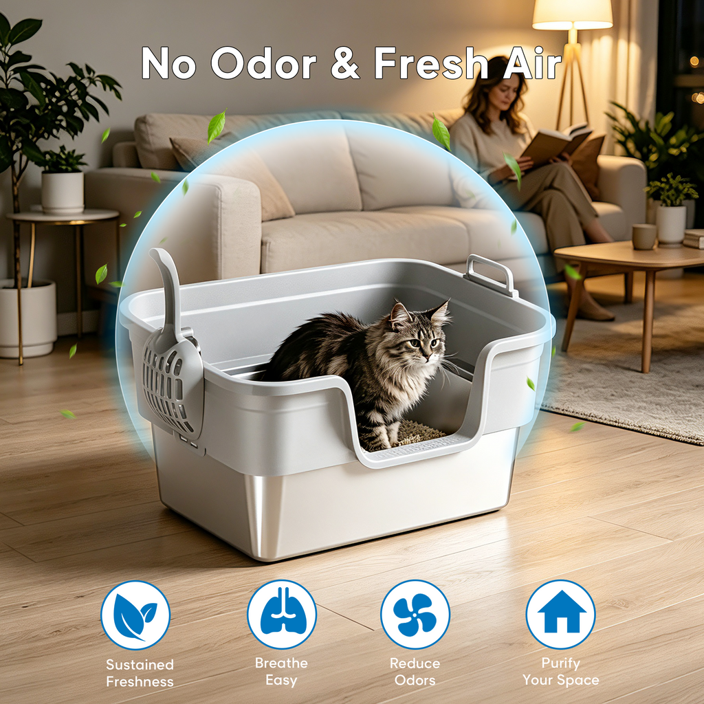Stainless Steel Cat Litter Box, – Patented 30° Angled Filter Plate, Leak-Proof XL Litter Box, Includes Cat Litter Mat & Metal Scoop, Anti-Scatter Enclosed Design(Ashy)