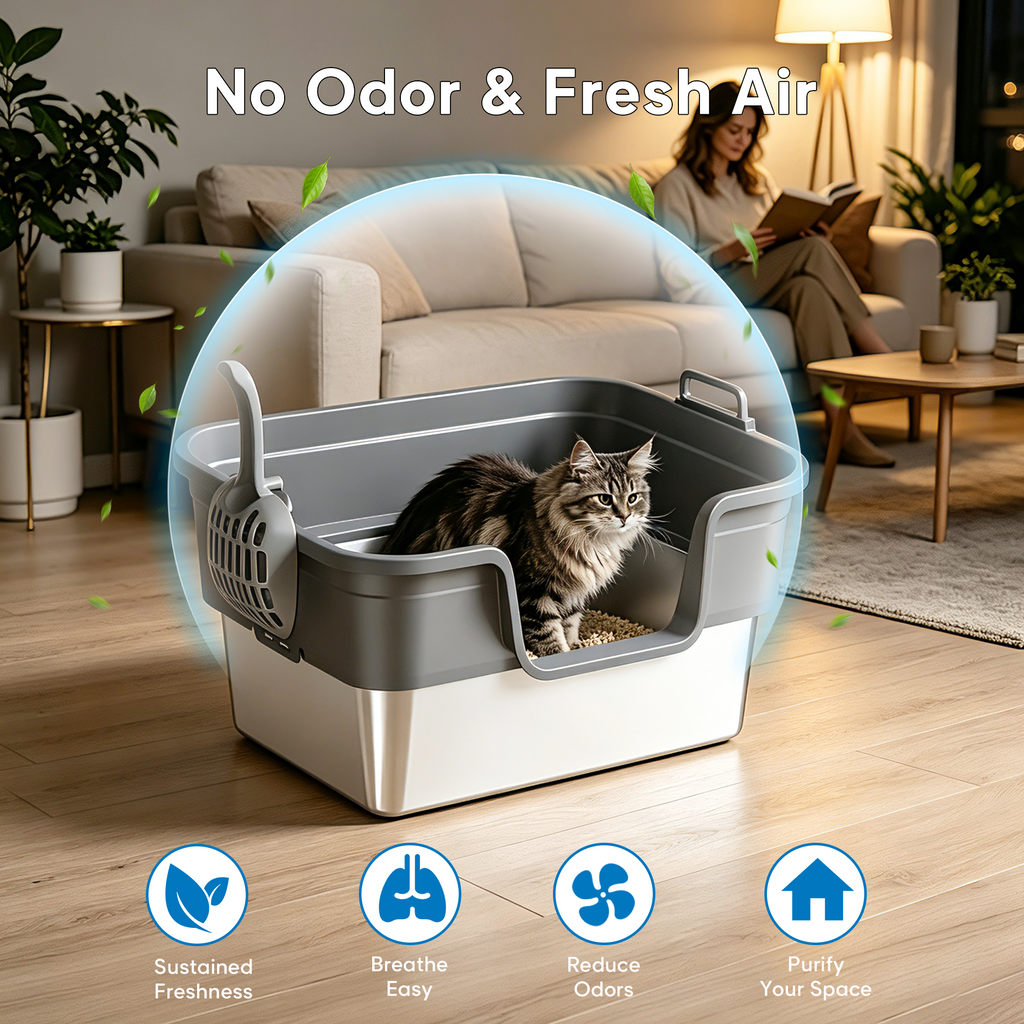 Cat Litter Box, Stainless Steel Cat Litter Box, Anti-Leak Sealed Bottom, XL Size for Large Cats, Includes Litter Mat & Scoop, No Scatter Design