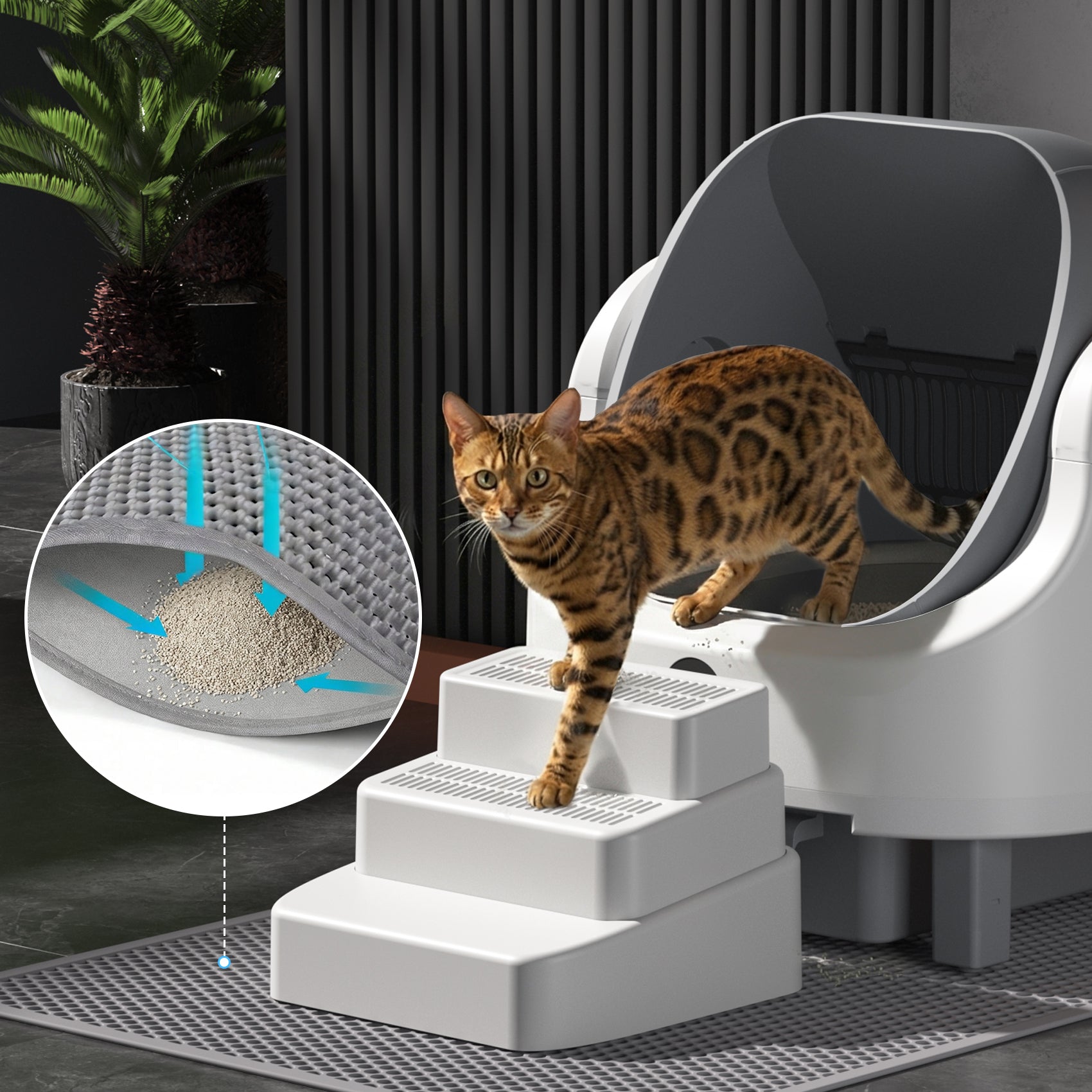 Open Top Self Cleaning Litter Box,70L Automatic Cat Litter Box Self Cleaning with APP Control,Low Noise,Safety Protection,Anti-Pinch Protection&Easy Access Step for Senior Cats,Multiple Cats(White)