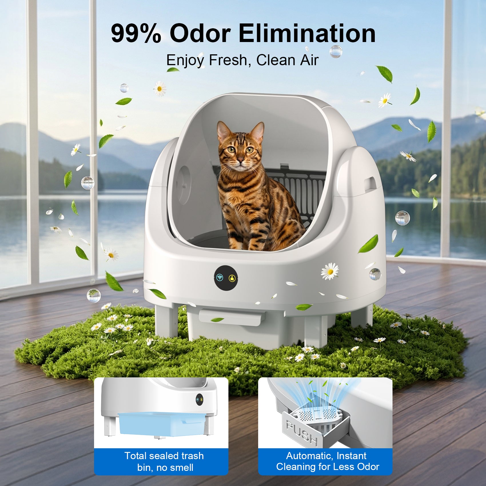 Open Top Self Cleaning Litter Box,70L Automatic Cat Litter Box Self Cleaning with APP Control,Low Noise,Safety Protection,Anti-Pinch Protection&Easy Access Step for Senior Cats,Multiple Cats(White)