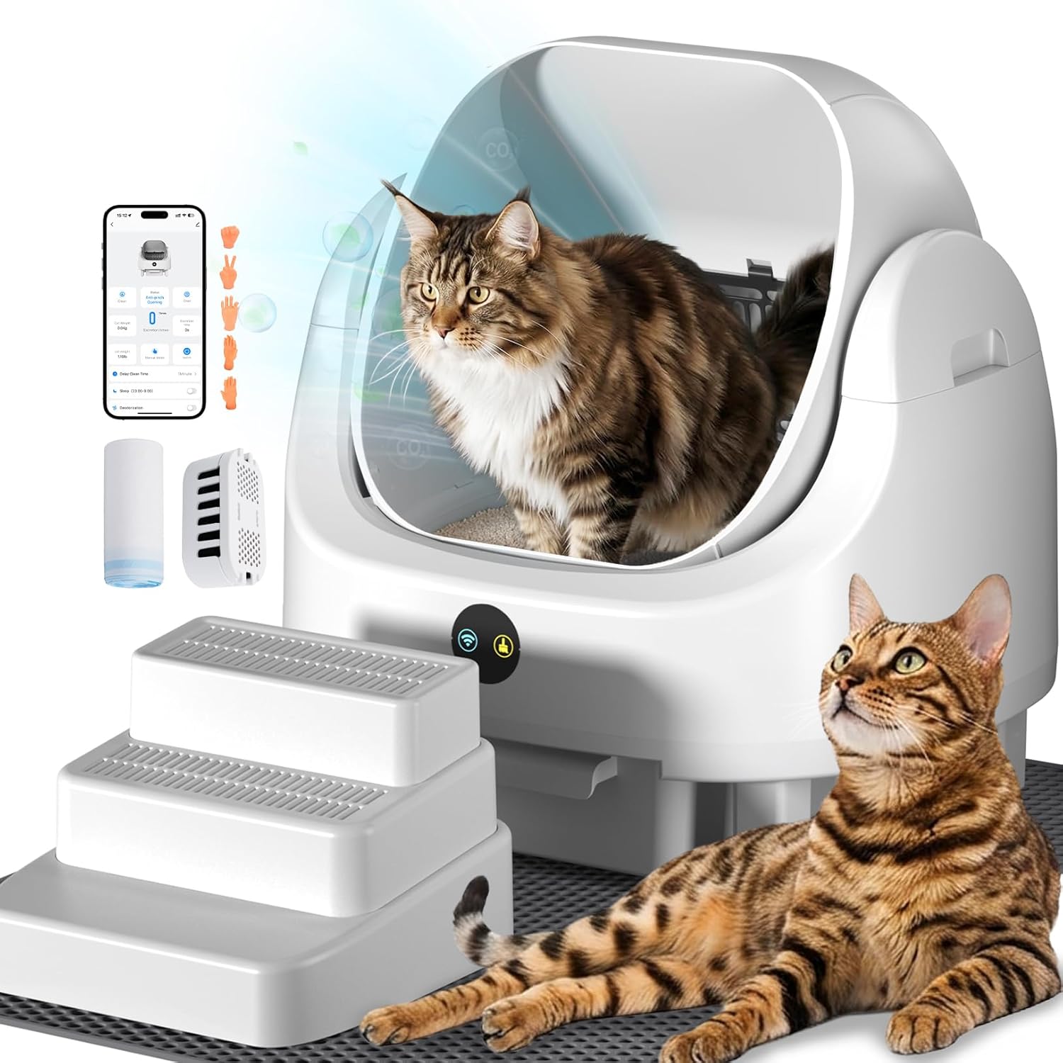 Open Top Self Cleaning Litter Box,70L Automatic Cat Litter Box Self Cleaning with APP Control,Low Noise,Safety Protection,Anti-Pinch Protection&Easy Access Step for Senior Cats,Multiple Cats(White)