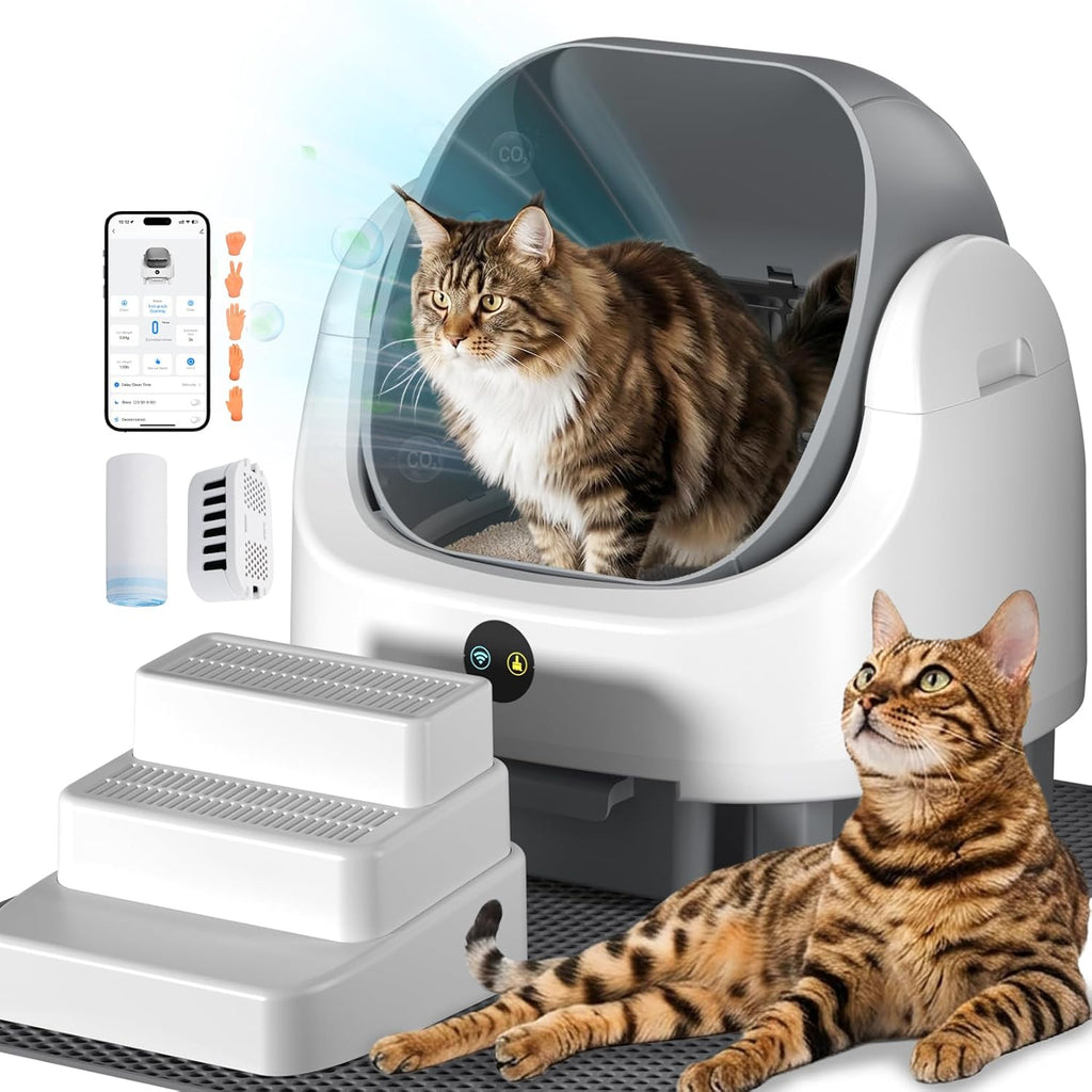 Open Top Self Cleaning Litter Box,70L Automatic Cat Litter Box Self Cleaning with APP Control,Low Noise,Safety Protection,Anti-Pinch Protection&Easy Access Step for Senior Cats,Multiple Cats(White)
