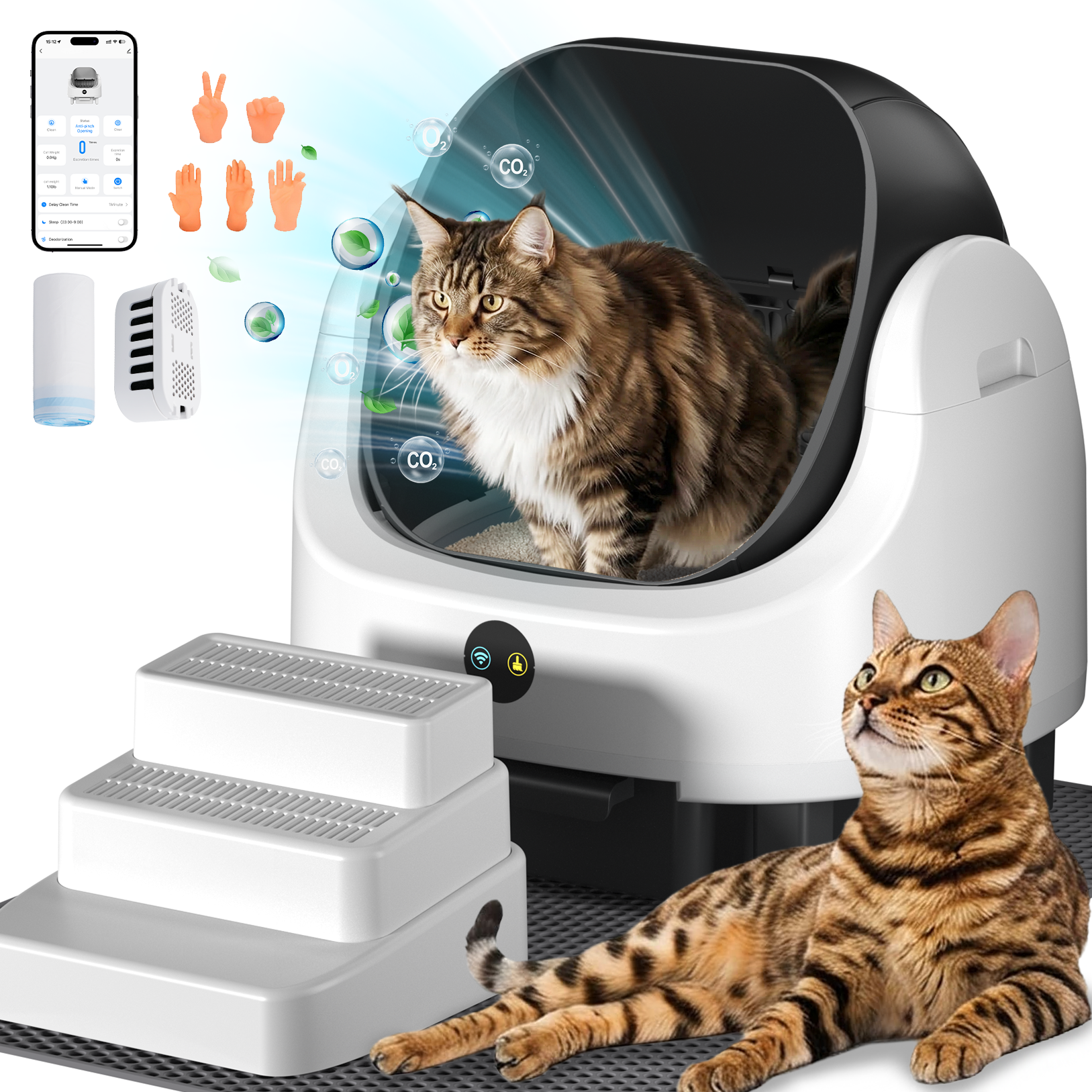 Open Top Self Cleaning Litter Box,70L Automatic Cat Litter Box Self Cleaning with APP Control,Low Noise,Safety Protection,Anti-Pinch Protection&Easy Access Step for Senior Cats,Multiple Cats(Black)
