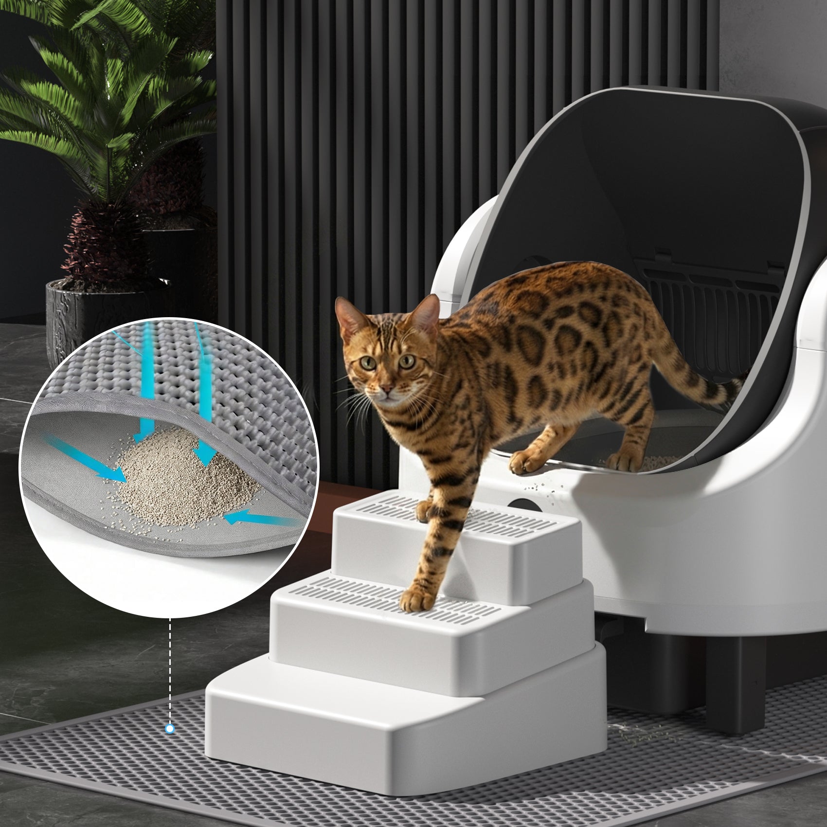 Open Top Self Cleaning Litter Box,70L Automatic Cat Litter Box Self Cleaning with APP Control,Low Noise,Safety Protection,Anti-Pinch Protection&Easy Access Step for Senior Cats,Multiple Cats(Black)