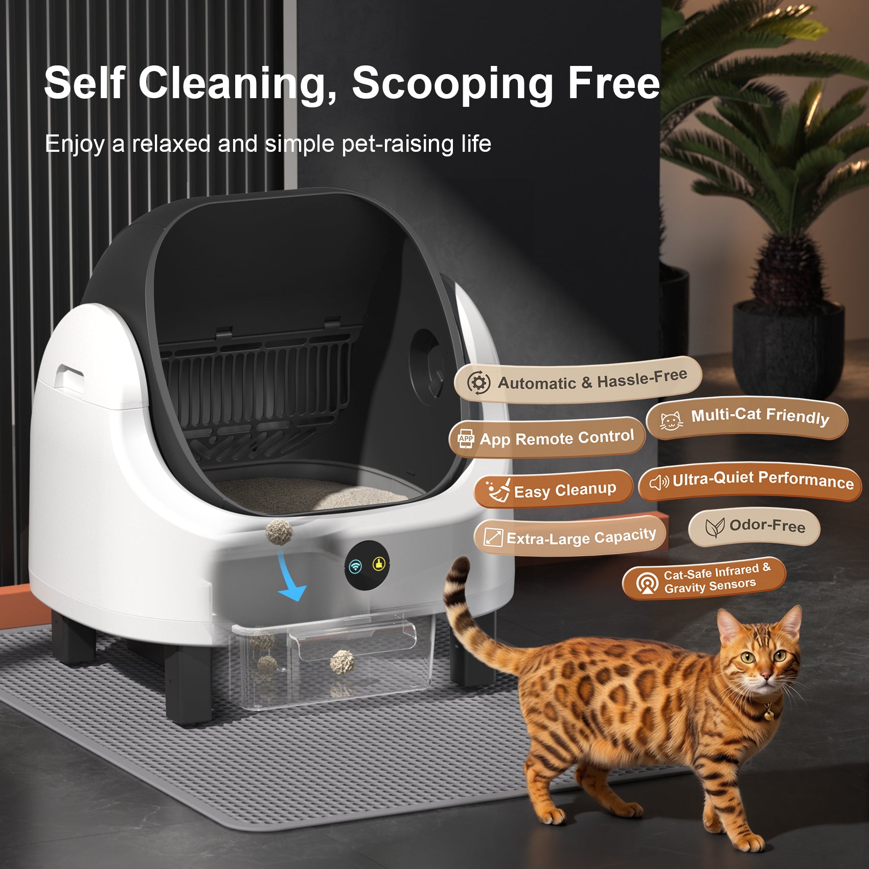 Open Top Self Cleaning Litter Box,70L Automatic Cat Litter Box Self Cleaning with APP Control,Low Noise,Safety Protection,Anti-Pinch Protection&Easy Access Step for Senior Cats,Multiple Cats(Black)