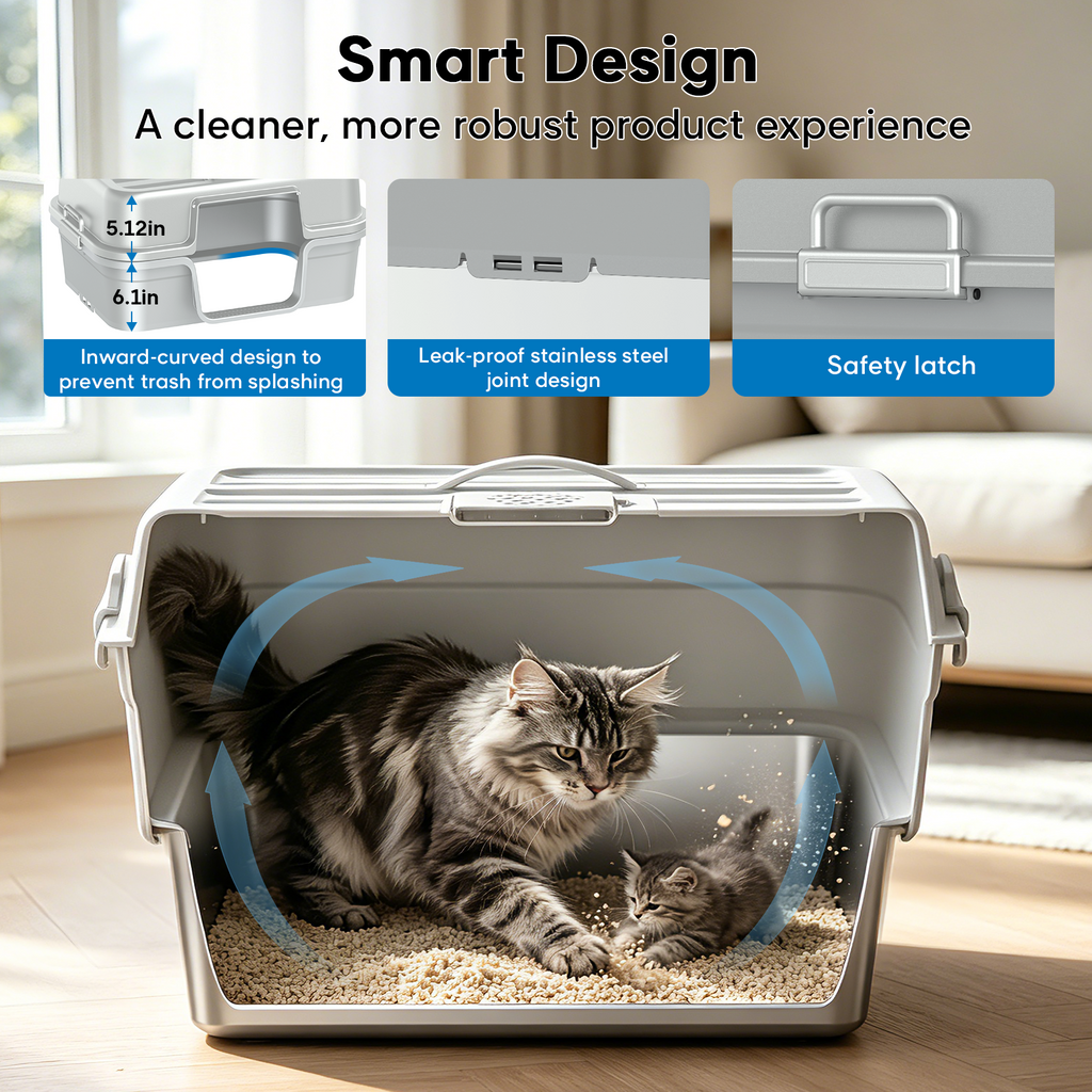 Litter Box with Lid – Stainless Steel Cat Litter Box, Anti-Leak XL Enclosed Design, 30° Angled Filter Plate, Includes Cat Litter Mat & Heavy-Duty Scoop(Gray)