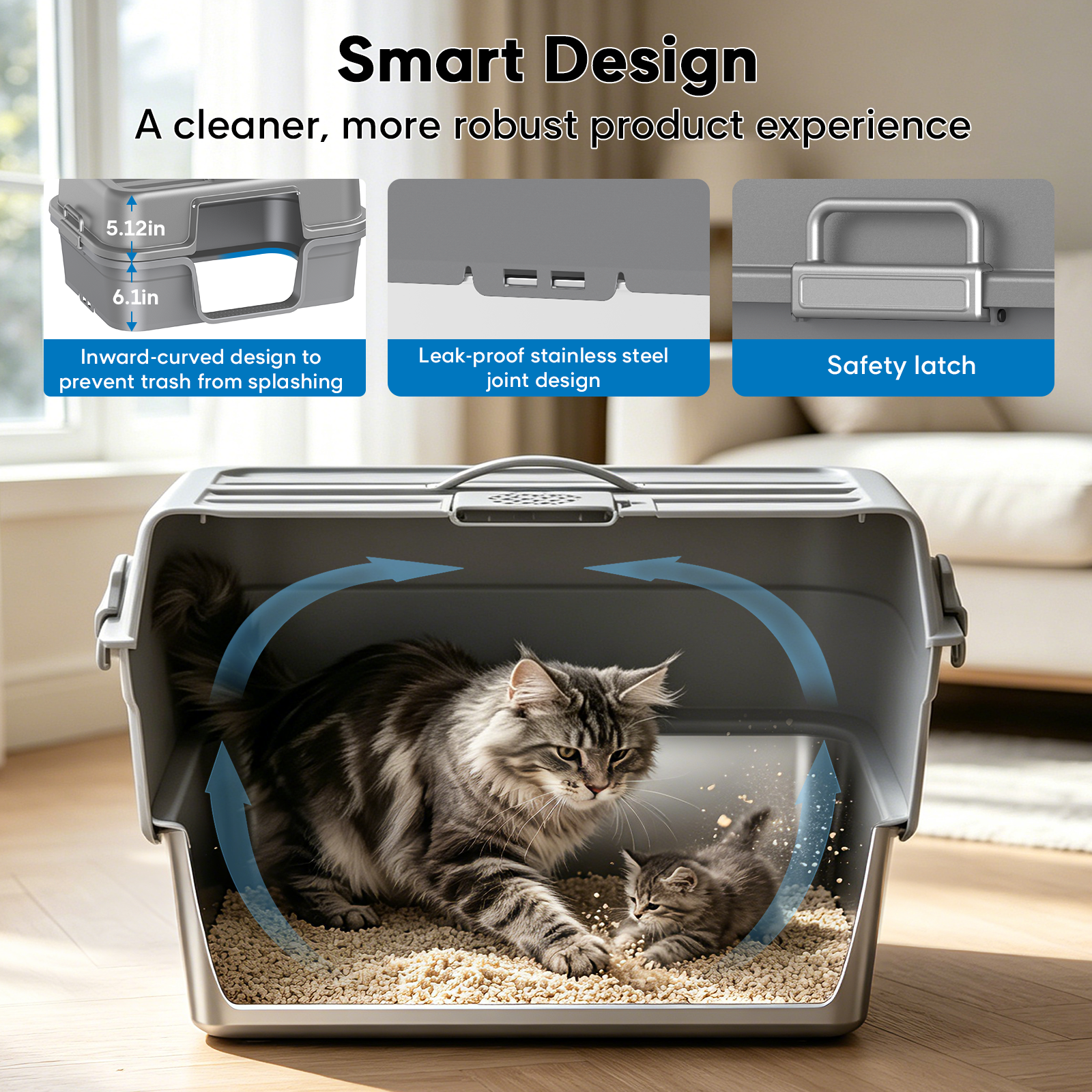 Stainless Steel Cat Litter Box with Lid – Enclosed XL Litter Box, Anti-Scatter Filter Plate, Leak-Proof, Includes Honeycomb Mat & Metal Scoop(Slate)