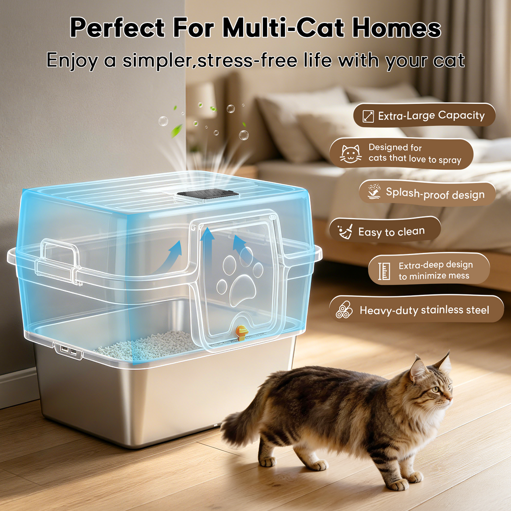 Stainless Steel Enclosed Litter Box for Large Cats, XXL Covered Cat Litter Box with Lid, Leakproof High Sided Metal Cat Litter Box, Easy to Clean, Odor Resistant, Multi-Cat Home(Black)