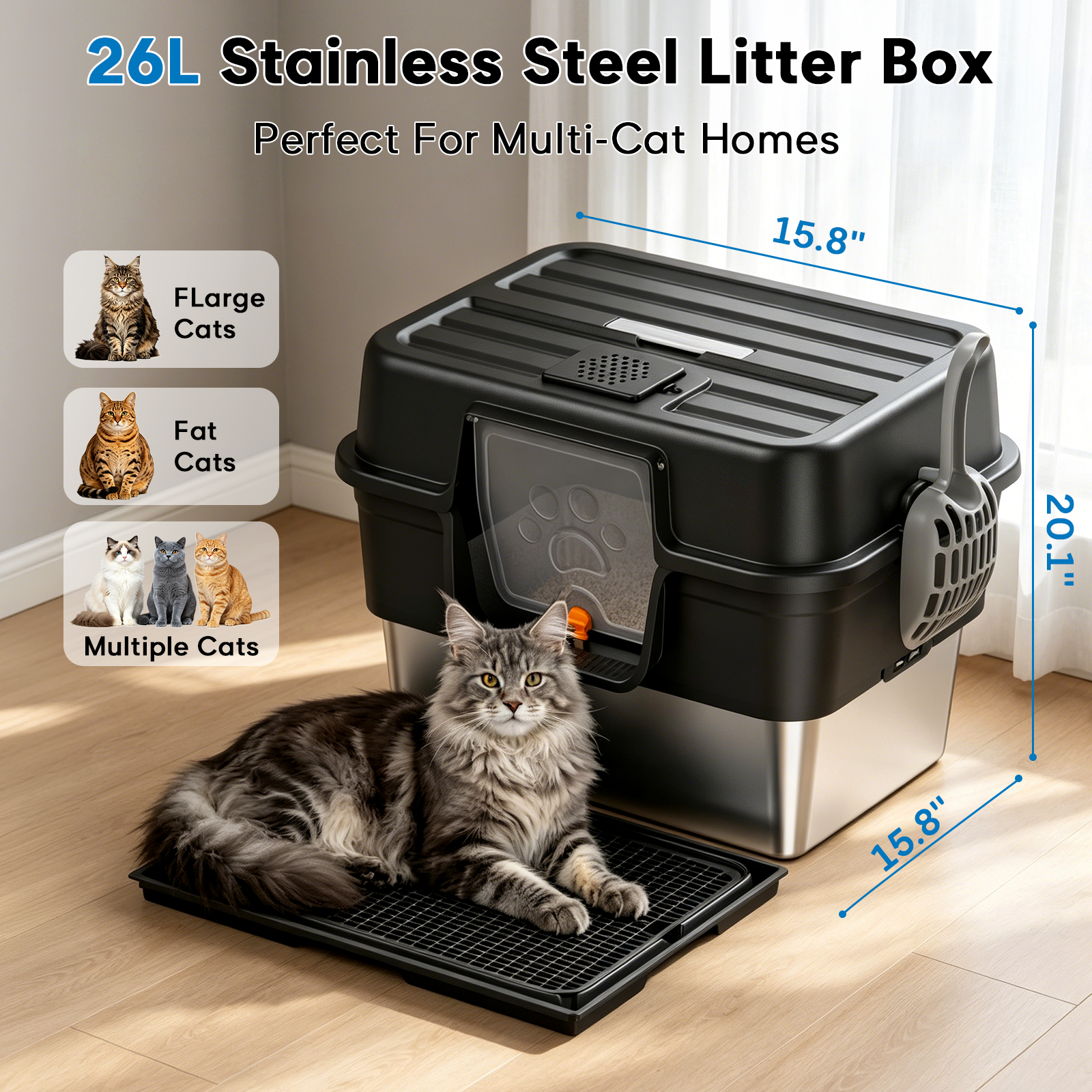 Stainless Steel Enclosed Litter Box for Large Cats, XXL Covered Cat Litter Box with Lid, Leakproof High Sided Metal Cat Litter Box, Easy to Clean, Odor Resistant, Multi-Cat Home(Black)