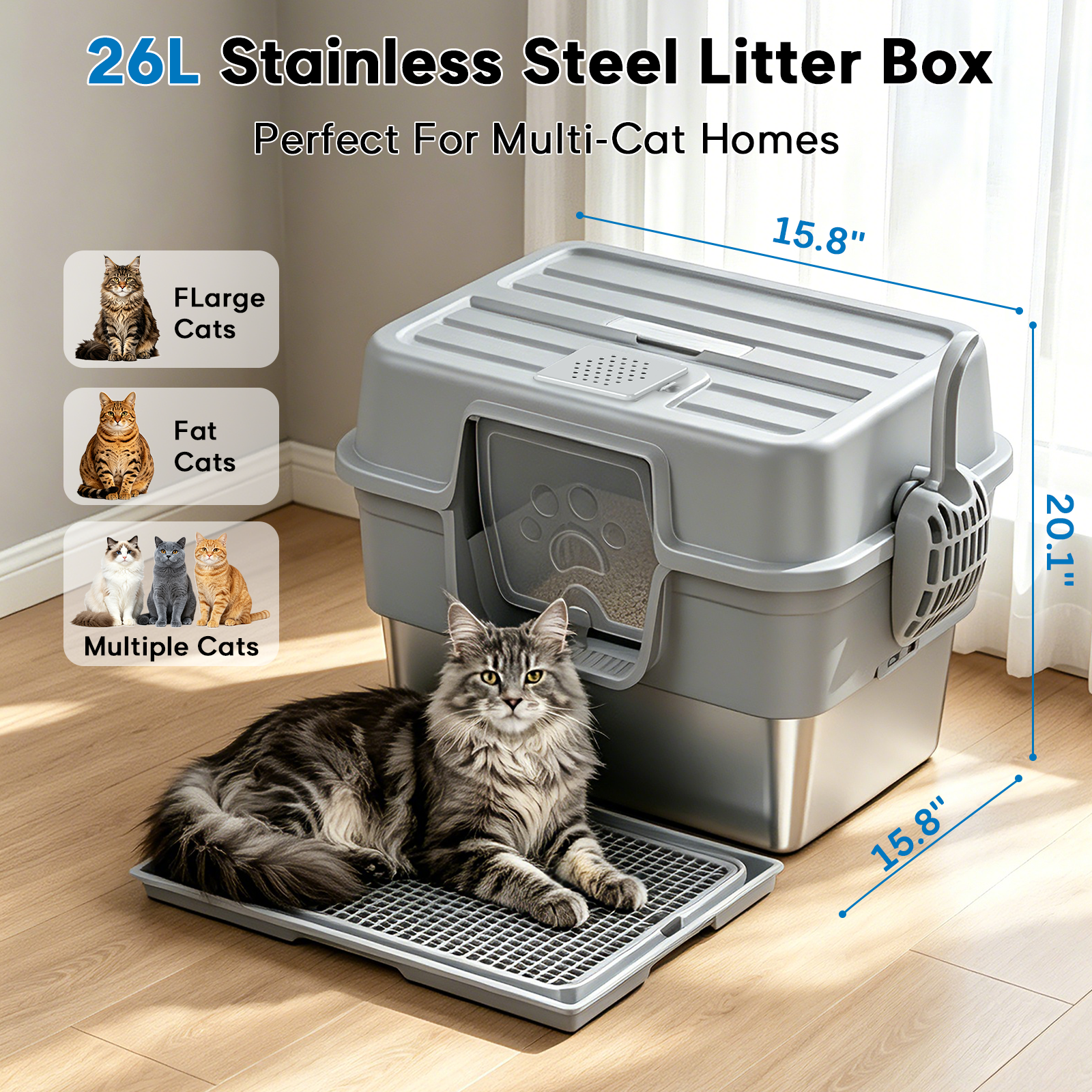 Stainless Steel Cat Litter Box with Lid – Enclosed XL Litter Box, Anti-Scatter Filter Plate, Leak-Proof, Includes Honeycomb Mat & Metal Scoop(Slate)