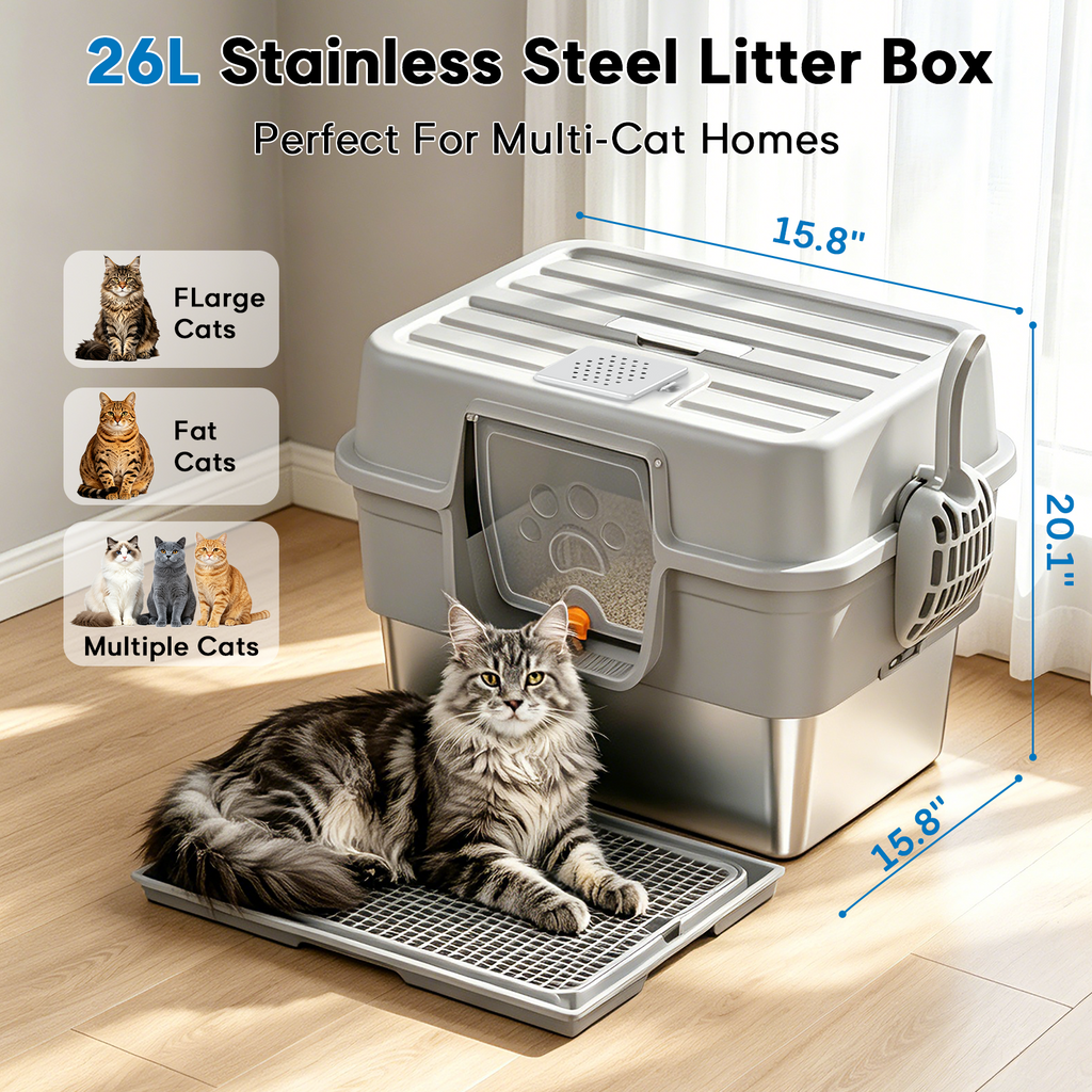 Litter Box with Lid – Stainless Steel Cat Litter Box, Anti-Leak XL Enclosed Design, 30° Angled Filter Plate, Includes Cat Litter Mat & Heavy-Duty Scoop(Gray)