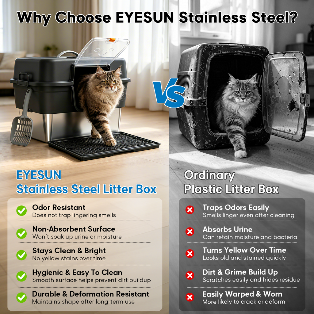 Stainless Steel Enclosed Litter Box for Large Cats, XXL Covered Cat Litter Box with Lid, Leakproof High Sided Metal Cat Litter Box, Easy to Clean, Odor Resistant, Multi-Cat Home(Black)