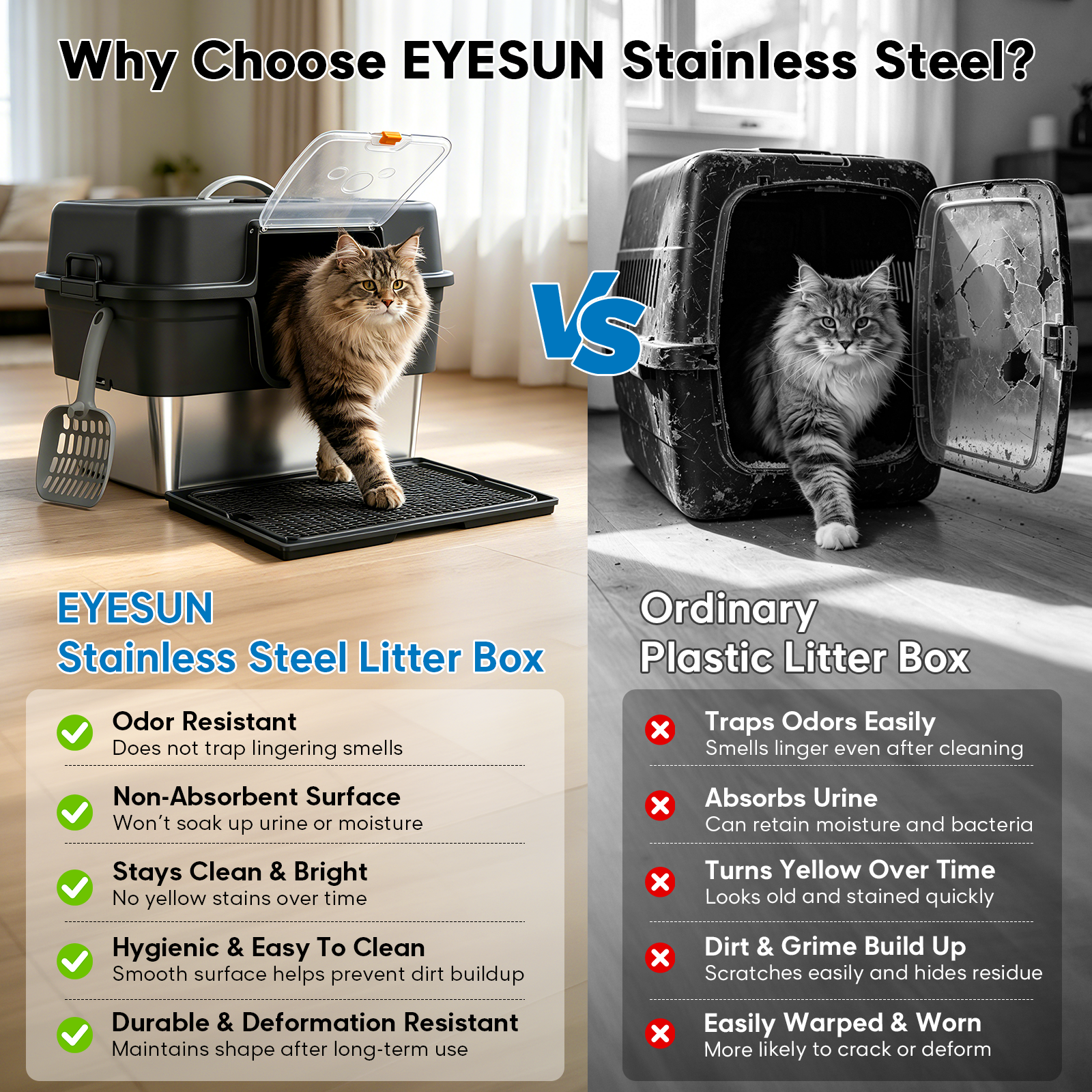 Stainless Steel Enclosed Litter Box for Large Cats, XXL Covered Cat Litter Box with Lid, Leakproof High Sided Metal Cat Litter Box, Easy to Clean, Odor Resistant, Multi-Cat Home(Black)