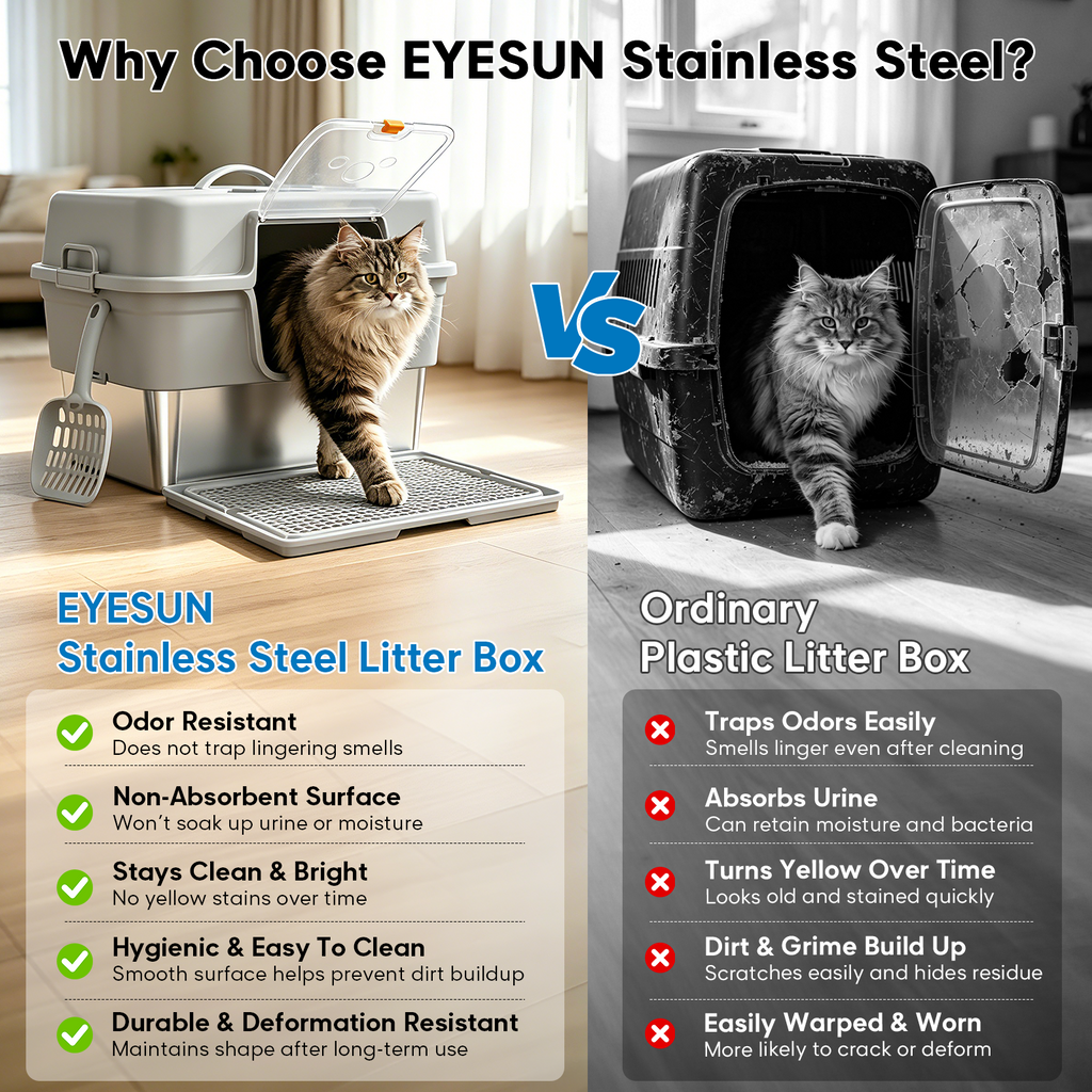 Litter Box with Lid – Stainless Steel Cat Litter Box, Anti-Leak XL Enclosed Design, 30° Angled Filter Plate, Includes Cat Litter Mat & Heavy-Duty Scoop(Gray)