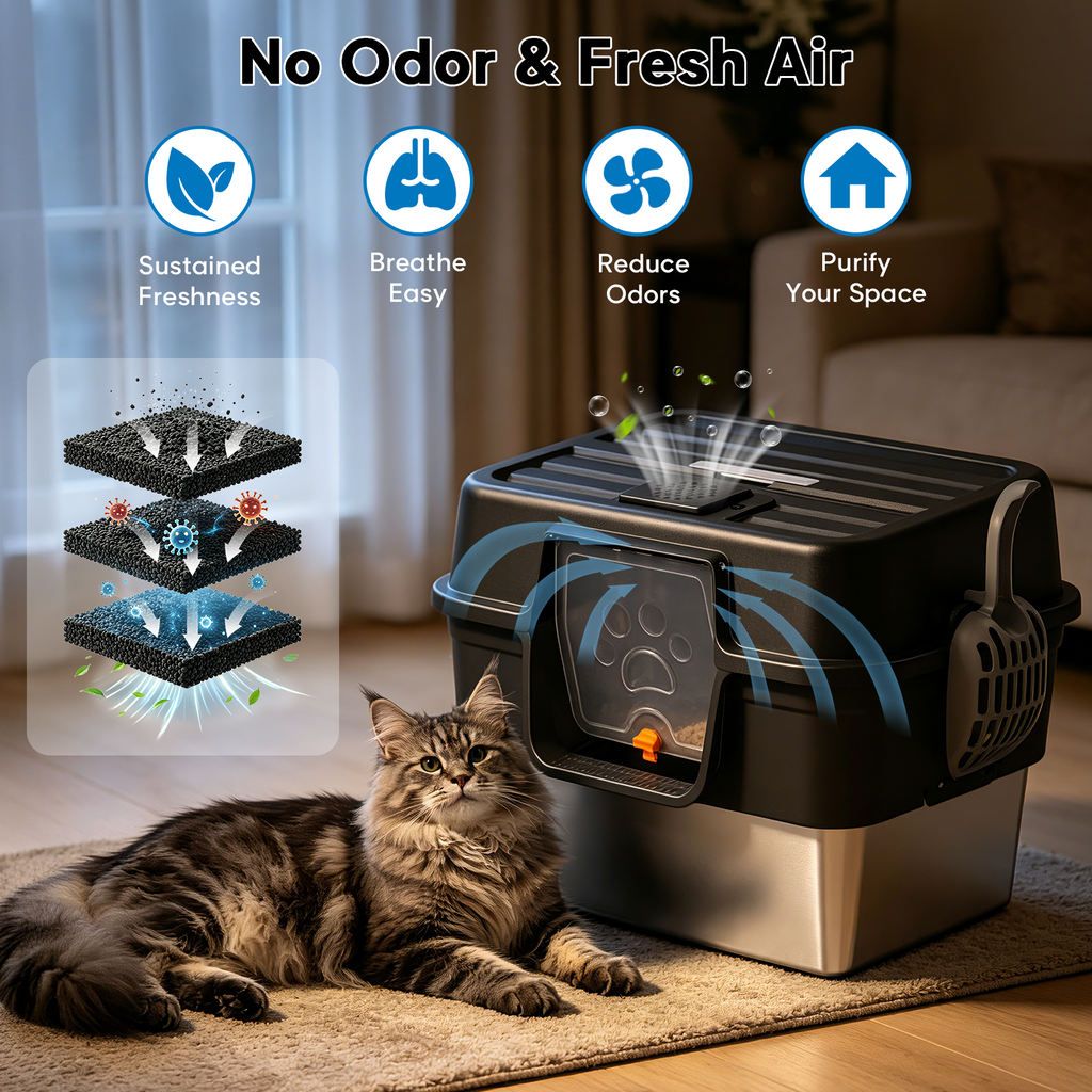 Stainless Steel Enclosed Litter Box for Large Cats, XXL Covered Cat Litter Box with Lid, Leakproof High Sided Metal Cat Litter Box, Easy to Clean, Odor Resistant, Multi-Cat Home(Black)