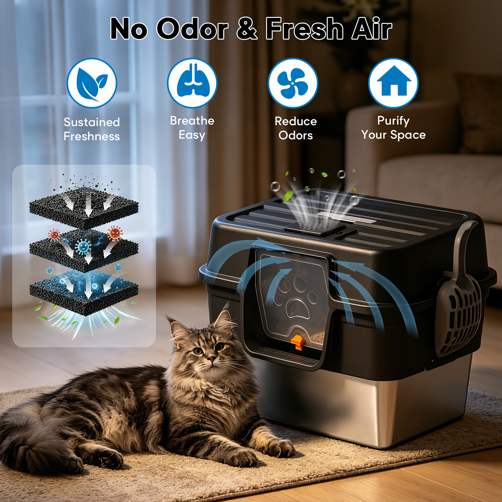Stainless Steel Enclosed Litter Box for Large Cats, XXL Covered Cat Litter Box with Lid, Leakproof High Sided Metal Cat Litter Box, Easy to Clean, Odor Resistant, Multi-Cat Home(Black)
