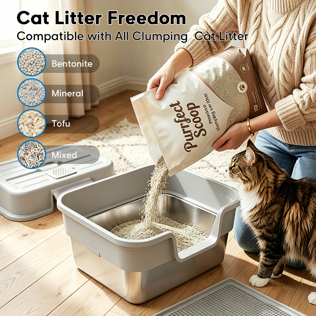 Litter Box with Lid – Stainless Steel Cat Litter Box, Anti-Leak XL Enclosed Design, 30° Angled Filter Plate, Includes Cat Litter Mat & Heavy-Duty Scoop(Gray)