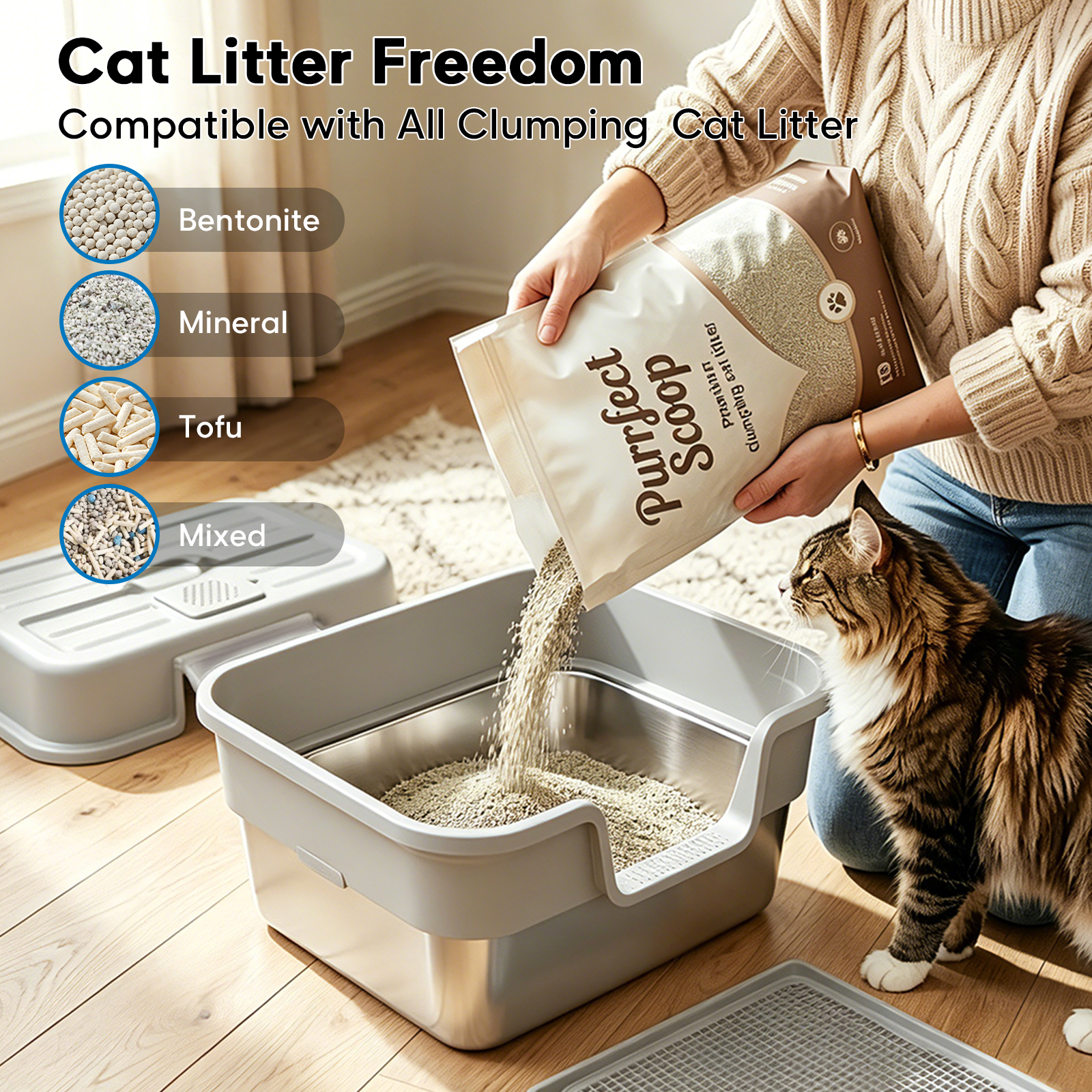 Litter Box with Lid – Stainless Steel Cat Litter Box, Anti-Leak XL Enclosed Design, 30° Angled Filter Plate, Includes Cat Litter Mat & Heavy-Duty Scoop(Gray)