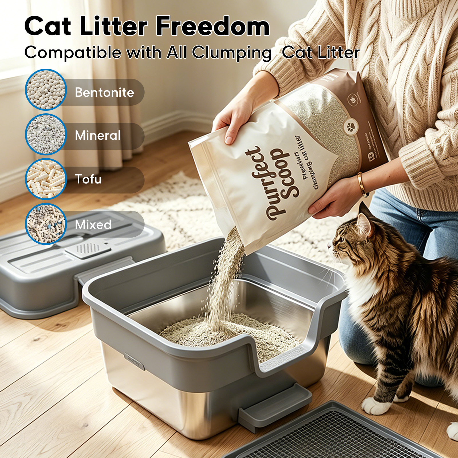 Stainless Steel Cat Litter Box with Lid – Enclosed XL Litter Box, Anti-Scatter Filter Plate, Leak-Proof, Includes Honeycomb Mat & Metal Scoop(Slate)