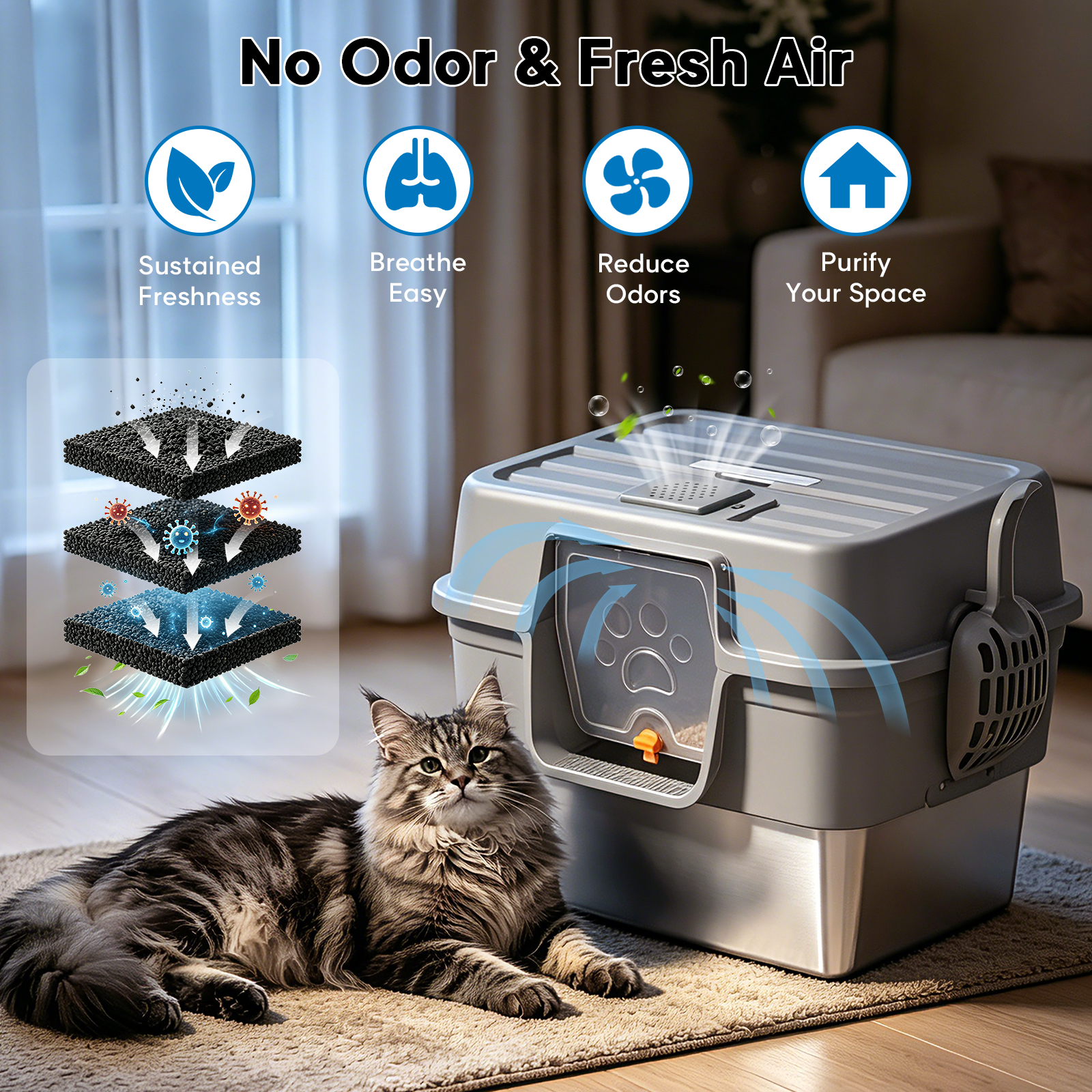 Stainless Steel Cat Litter Box with Lid – Enclosed XL Litter Box, Anti-Scatter Filter Plate, Leak-Proof, Includes Honeycomb Mat & Metal Scoop(Slate)