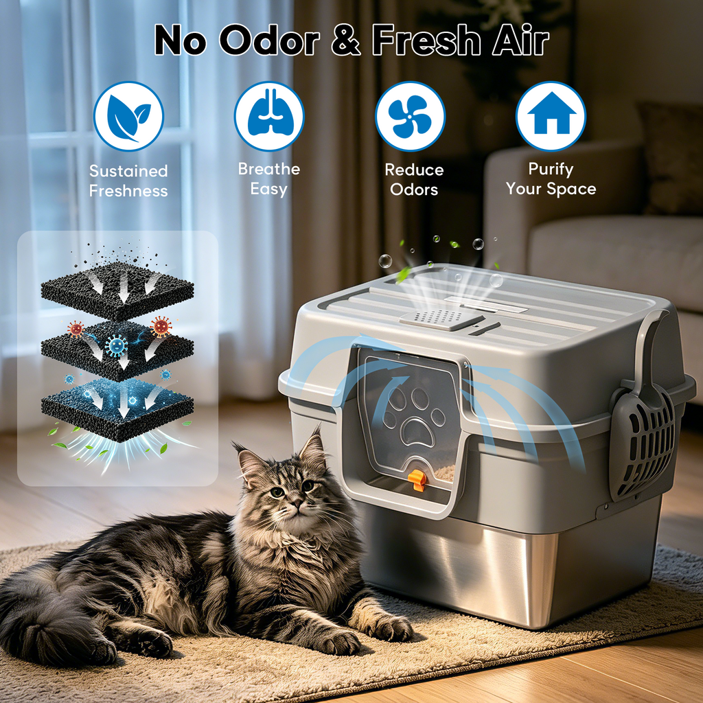 Litter Box with Lid – Stainless Steel Cat Litter Box, Anti-Leak XL Enclosed Design, 30° Angled Filter Plate, Includes Cat Litter Mat & Heavy-Duty Scoop(Gray)