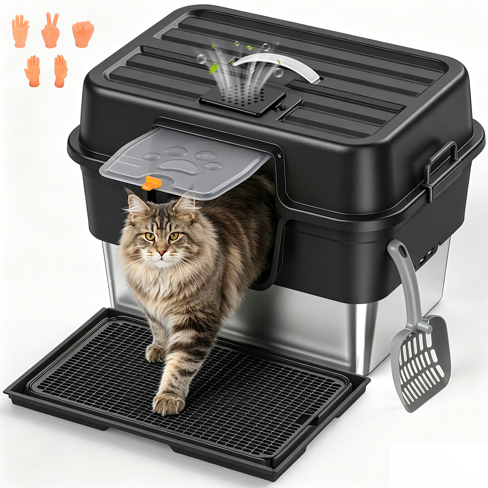 Stainless Steel Enclosed Litter Box for Large Cats, XXL Covered Cat Litter Box with Lid, Leakproof High Sided Metal Cat Litter Box, Easy to Clean, Odor Resistant, Multi-Cat Home(Black)