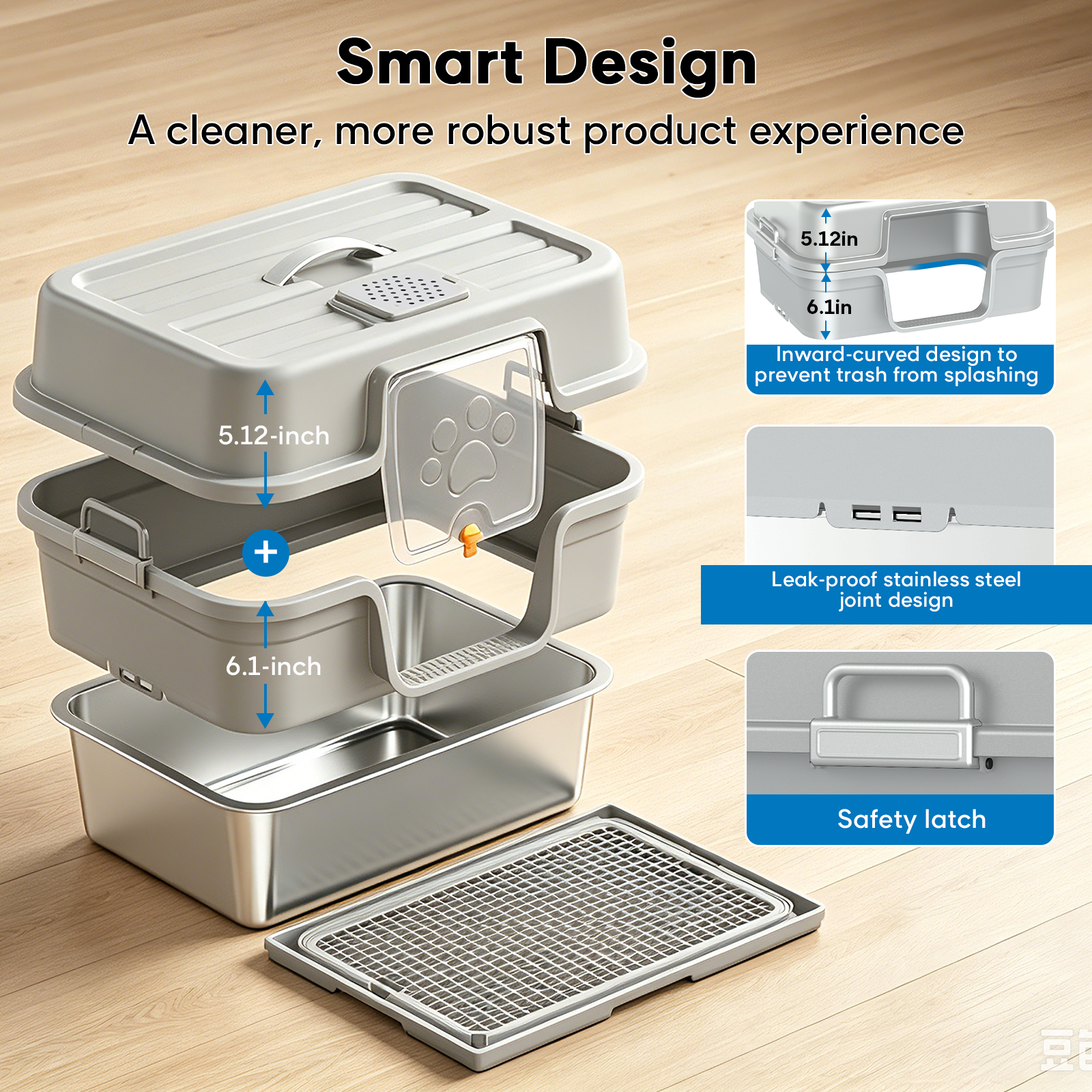 Litter Box with Lid – Stainless Steel Cat Litter Box, Anti-Leak XL Enclosed Design, 30° Angled Filter Plate, Includes Cat Litter Mat & Heavy-Duty Scoop(Gray)