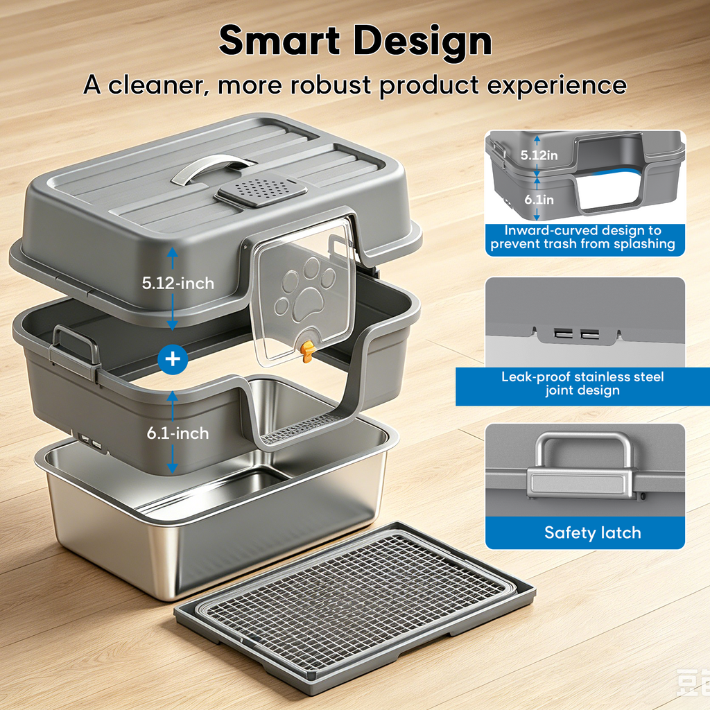 Stainless Steel Cat Litter Box with Lid – Enclosed XL Litter Box, Anti-Scatter Filter Plate, Leak-Proof, Includes Honeycomb Mat & Metal Scoop(Slate)
