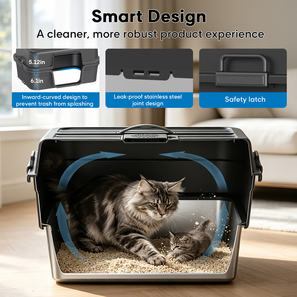 Stainless Steel Enclosed Litter Box for Large Cats, XXL Covered Cat Litter Box with Lid, Leakproof High Sided Metal Cat Litter Box, Easy to Clean, Odor Resistant, Multi-Cat Home(Black)